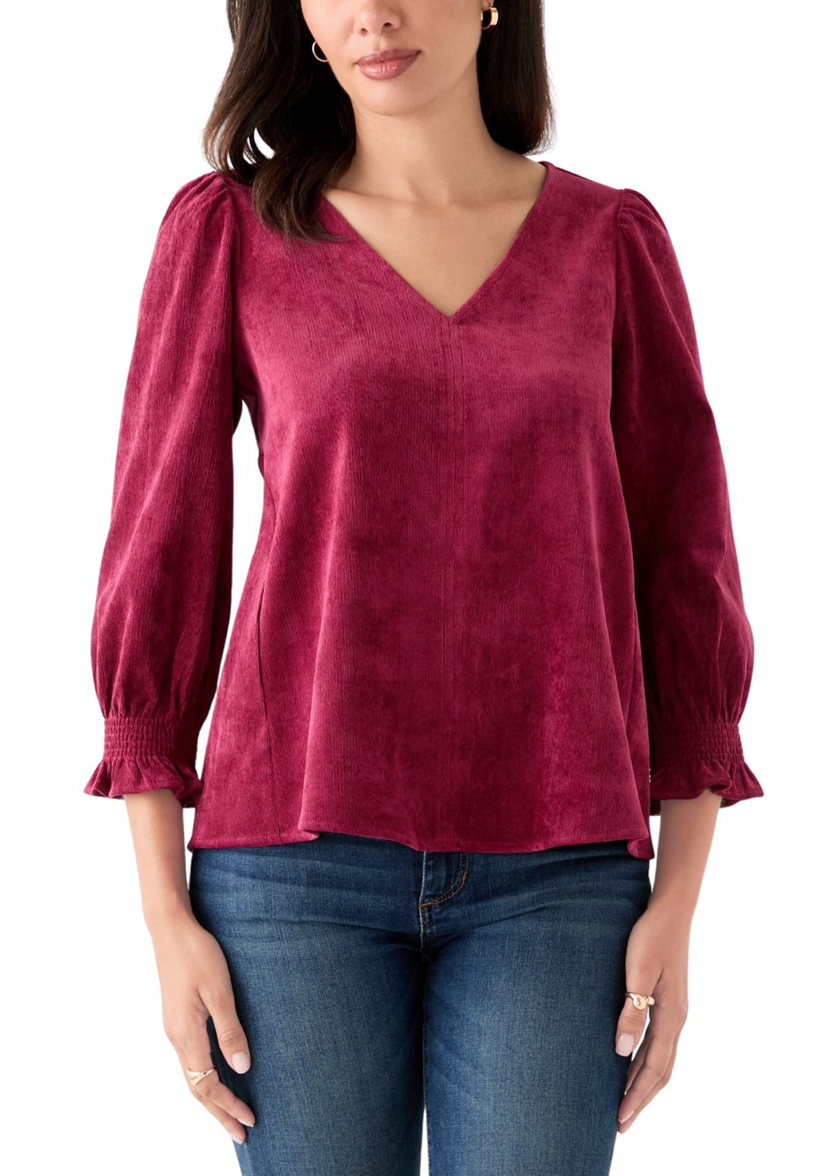 Womens Smocked Sleeve Woven Corduroy Shirt
