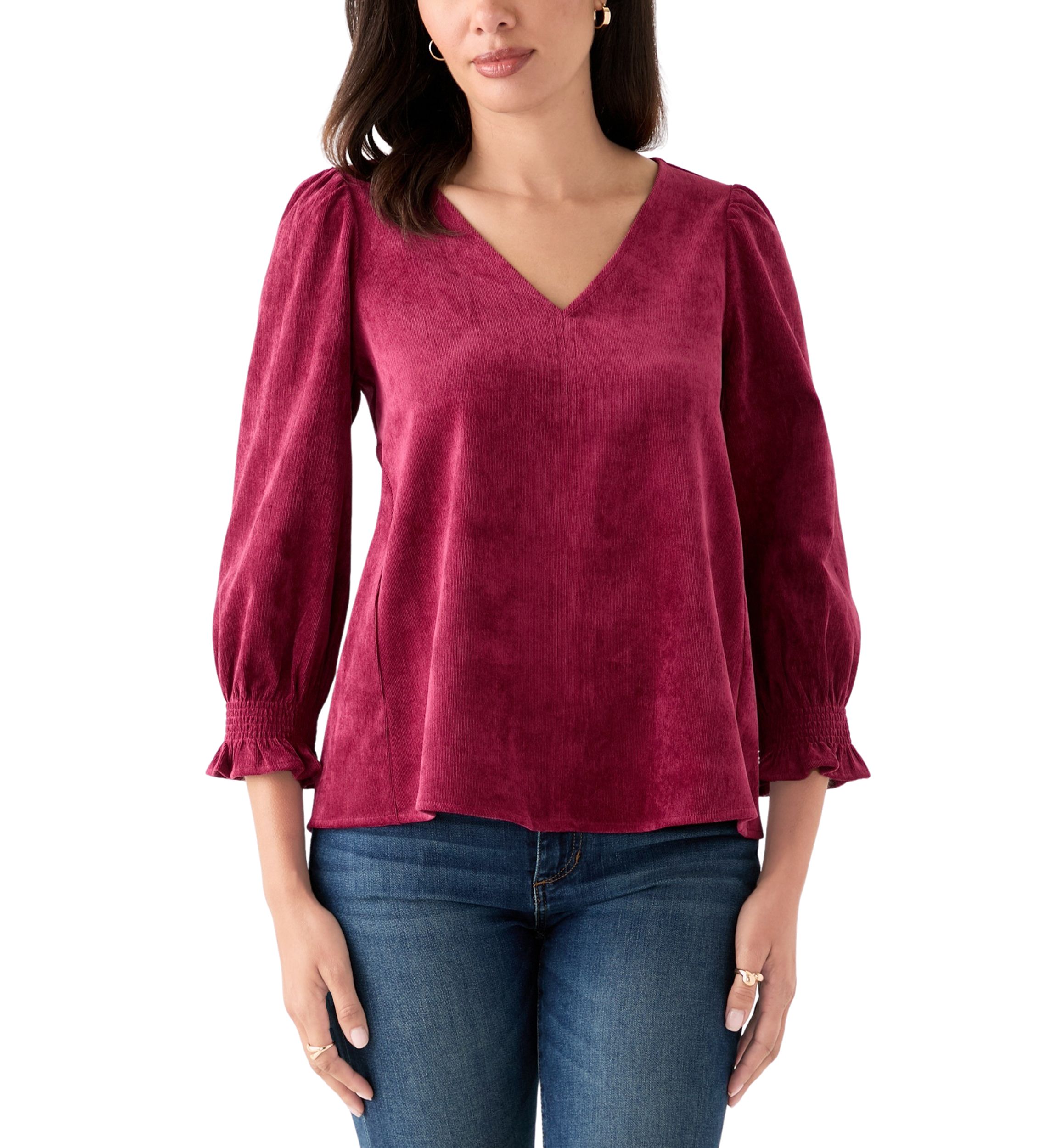 Womens Smocked Sleeve Woven Corduroy Shirt