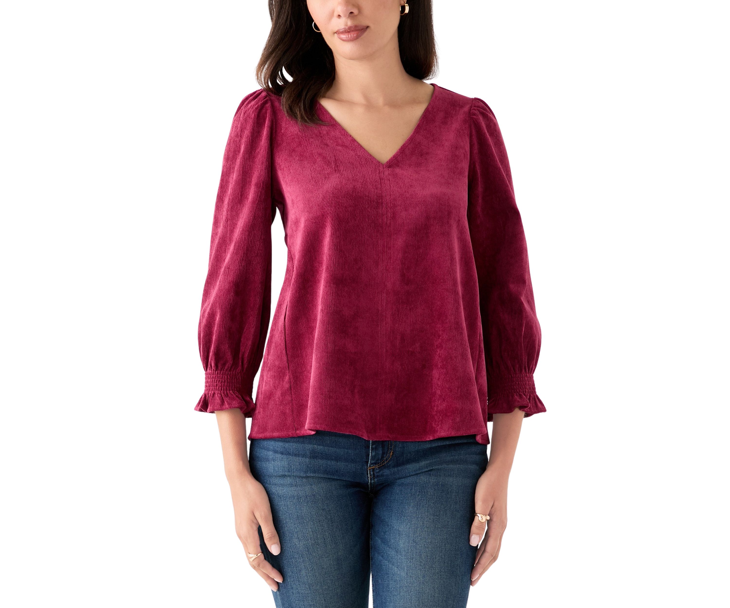 Womens Smocked Sleeve Woven Corduroy Shirt