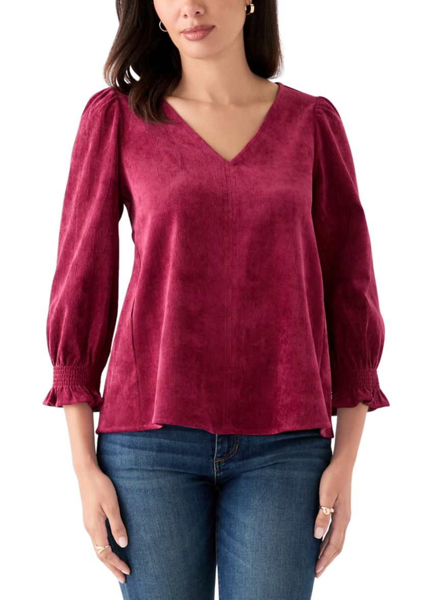 Womens Smocked Sleeve Woven Corduroy Shirt