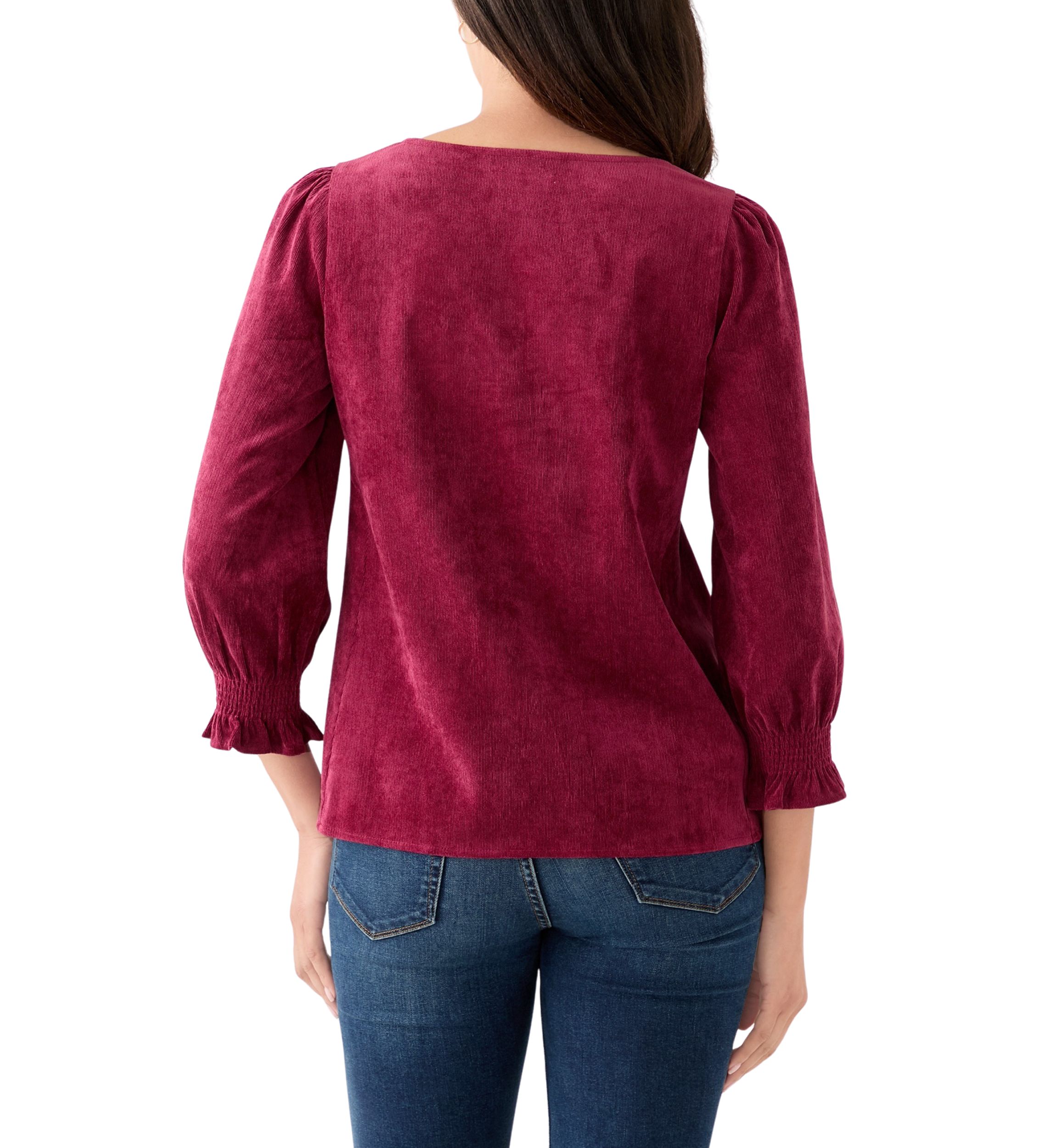 Womens Smocked Sleeve Woven Corduroy Shirt