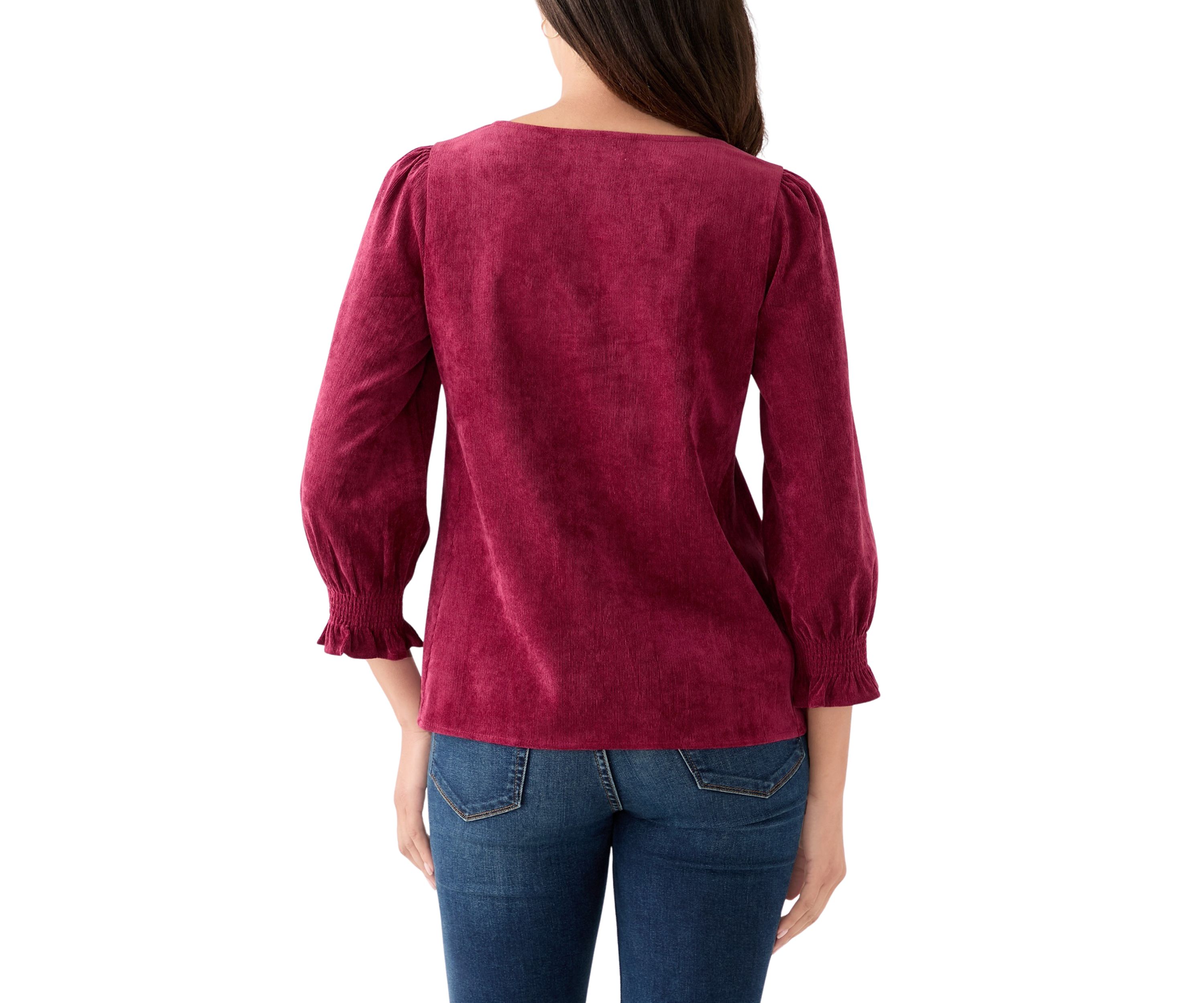 Womens Smocked Sleeve Woven Corduroy Shirt
