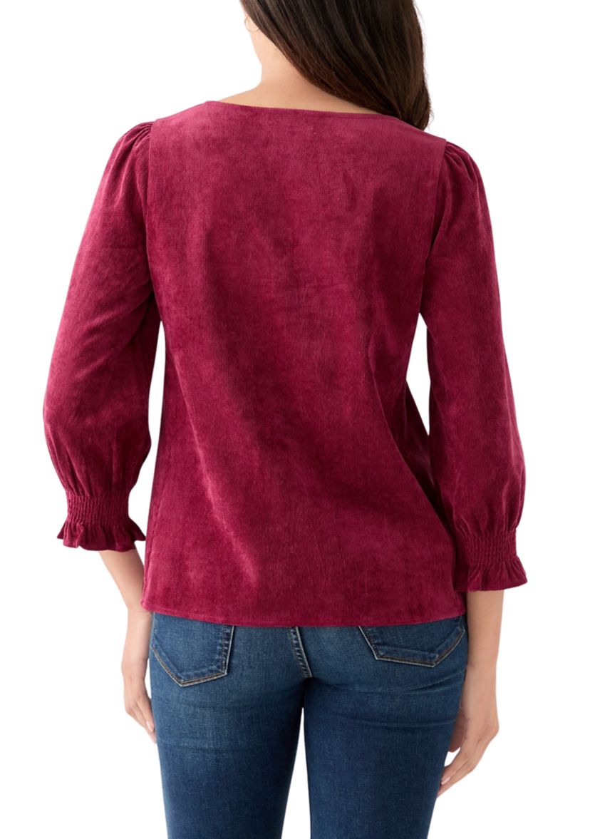 Womens Smocked Sleeve Woven Corduroy Shirt