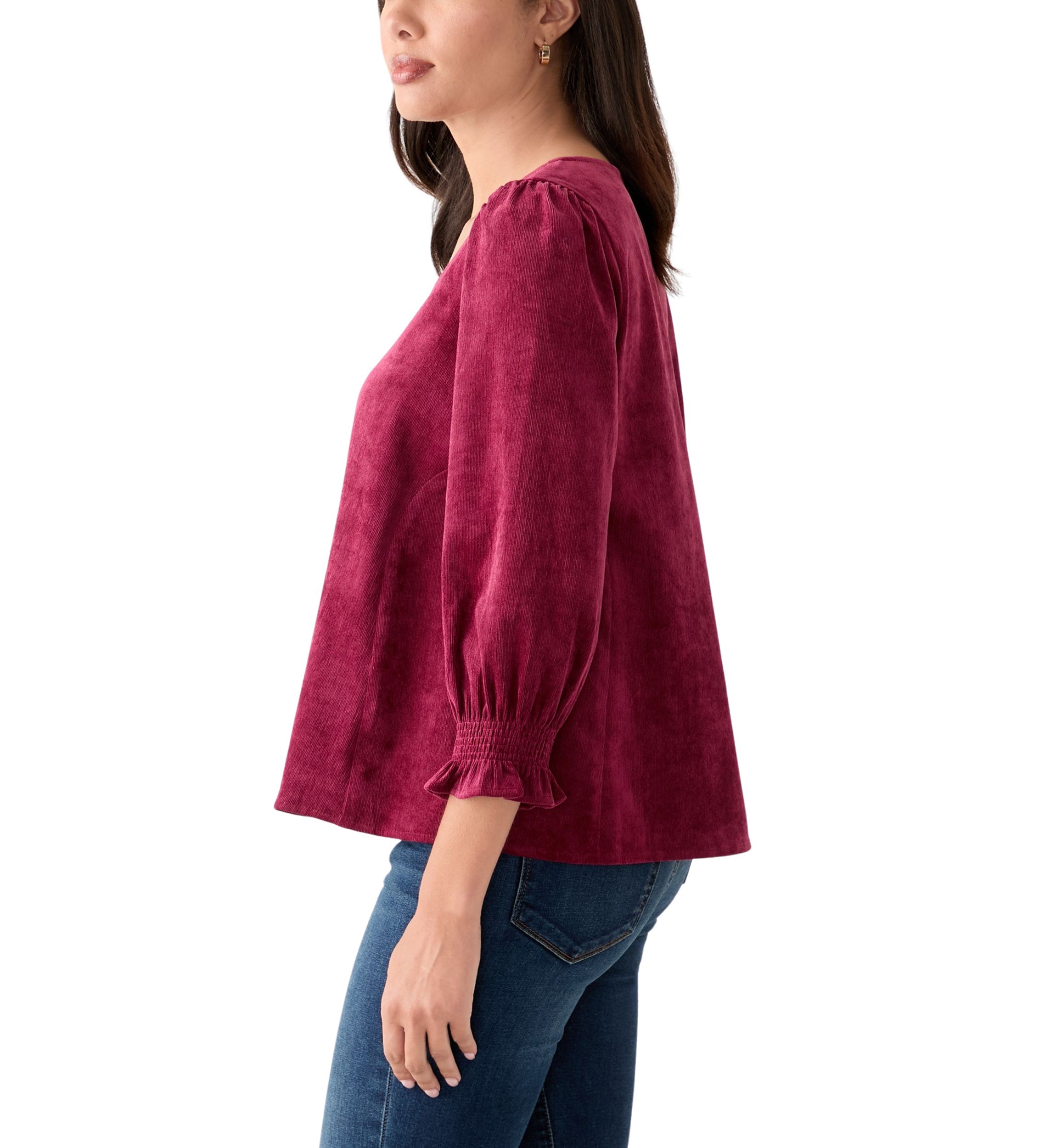 Womens Smocked Sleeve Woven Corduroy Shirt