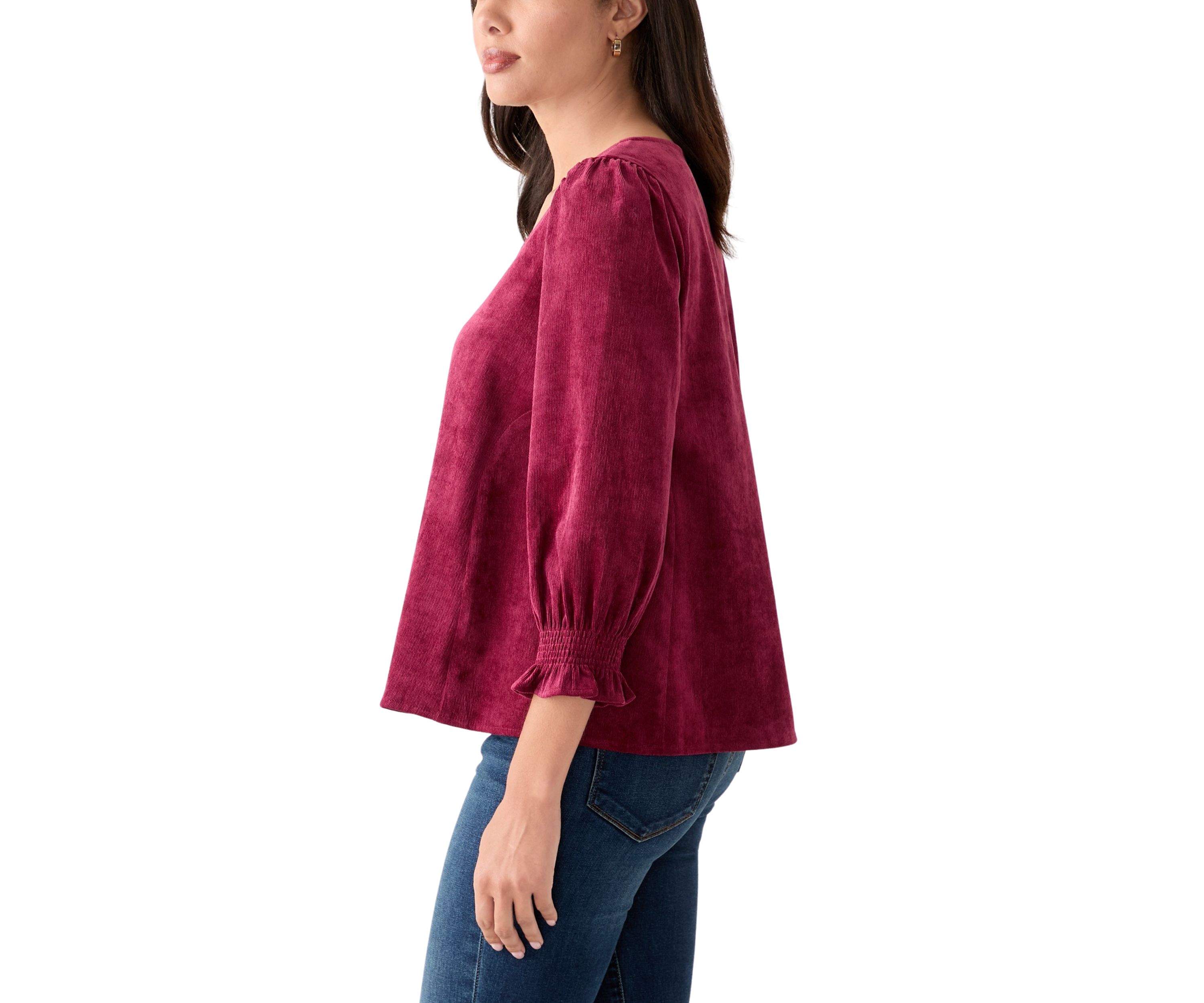 Womens Smocked Sleeve Woven Corduroy Shirt