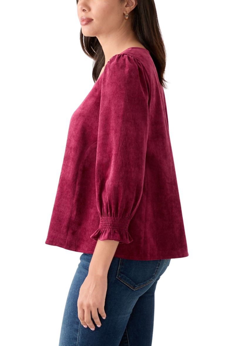 Womens Smocked Sleeve Woven Corduroy Shirt