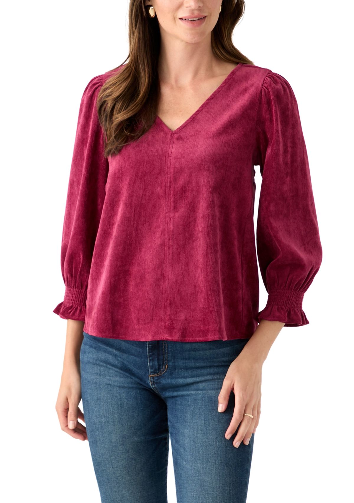 Petite Smocked Sleeve Woven Corduroy Shirt