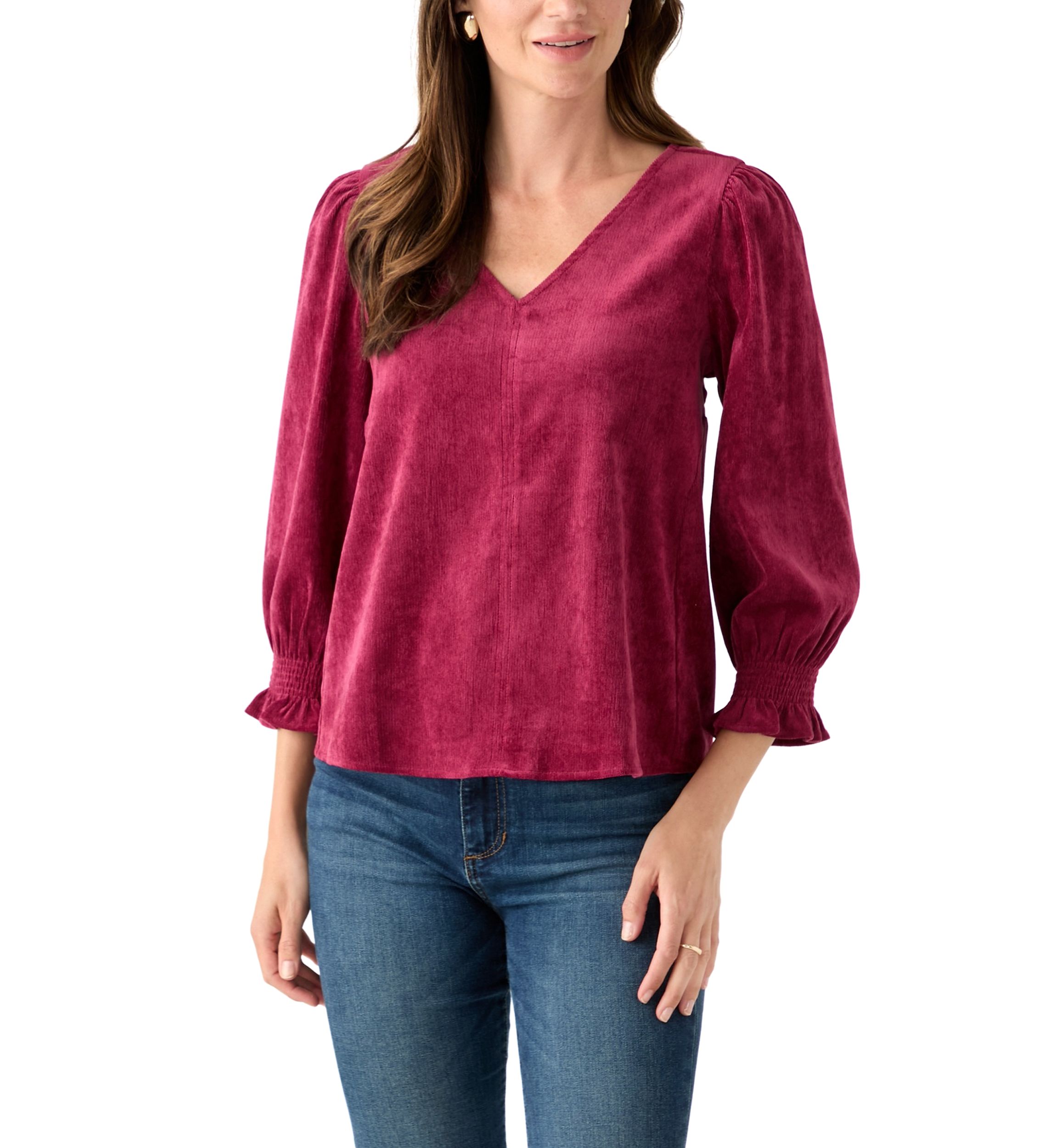 Petite Smocked Sleeve Woven Corduroy Shirt