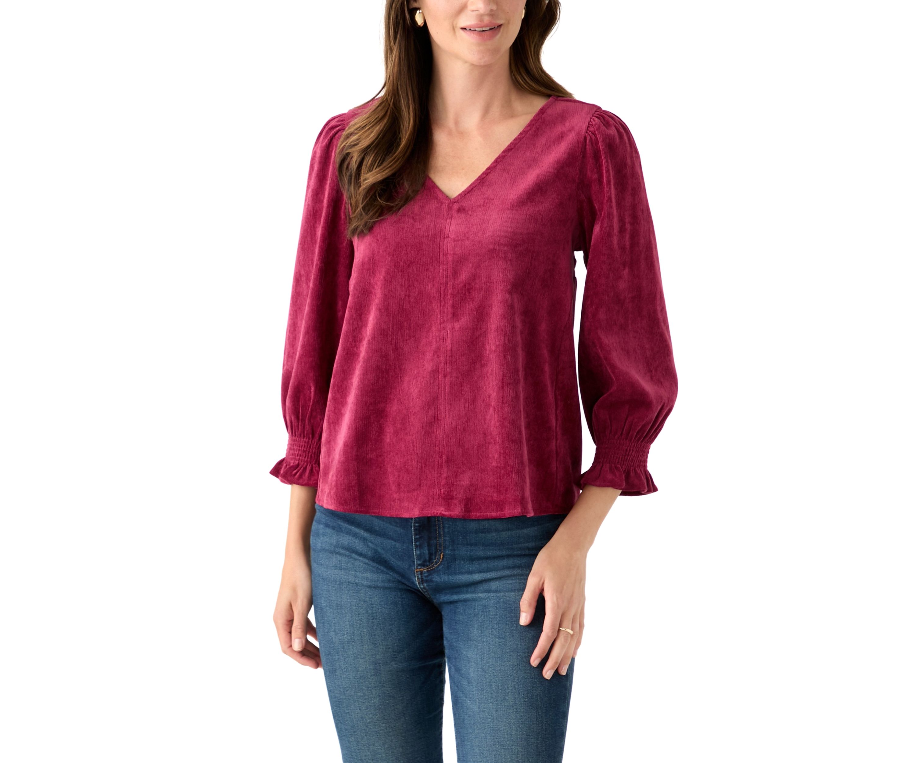 Petite Smocked Sleeve Woven Corduroy Shirt