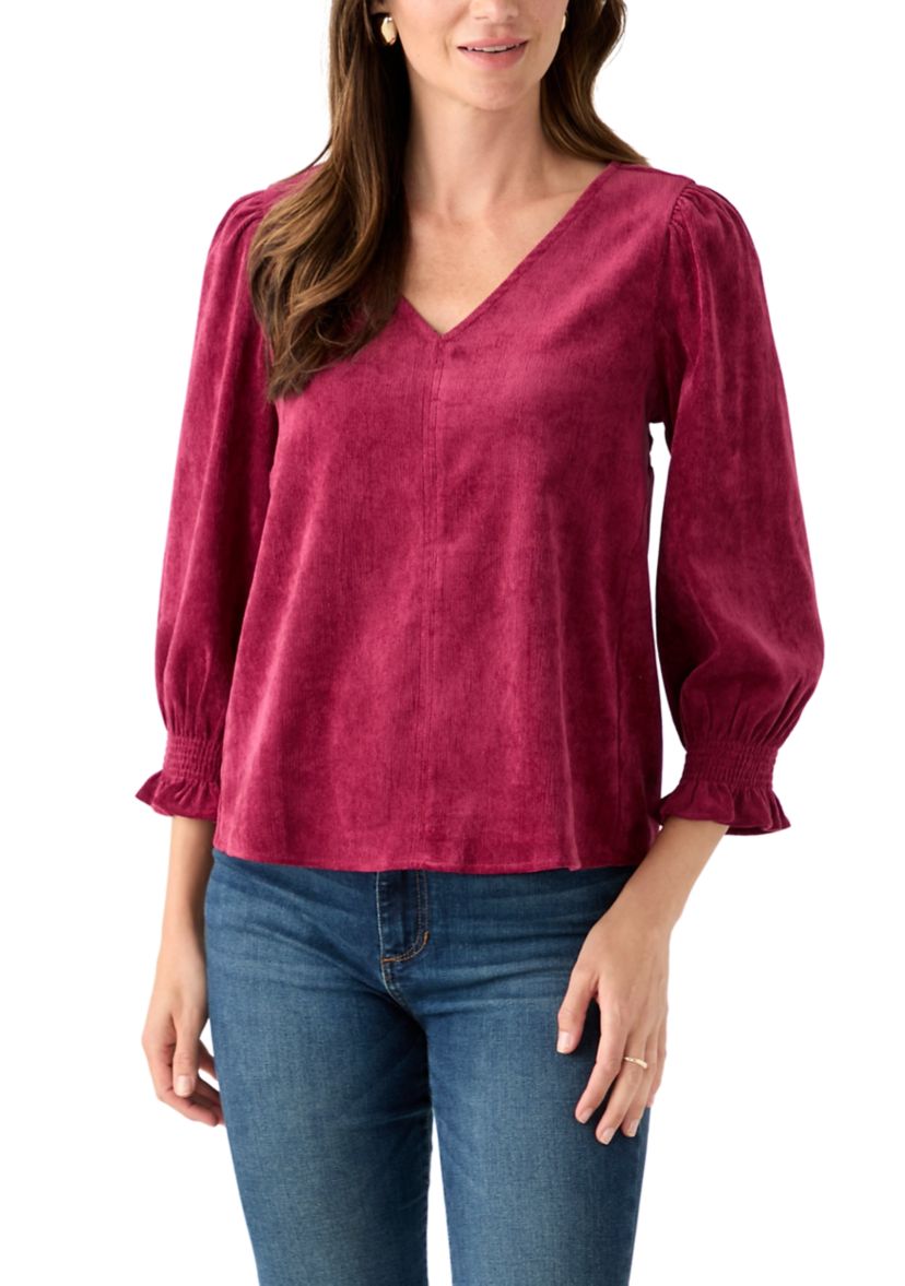 Petite Smocked Sleeve Woven Corduroy Shirt