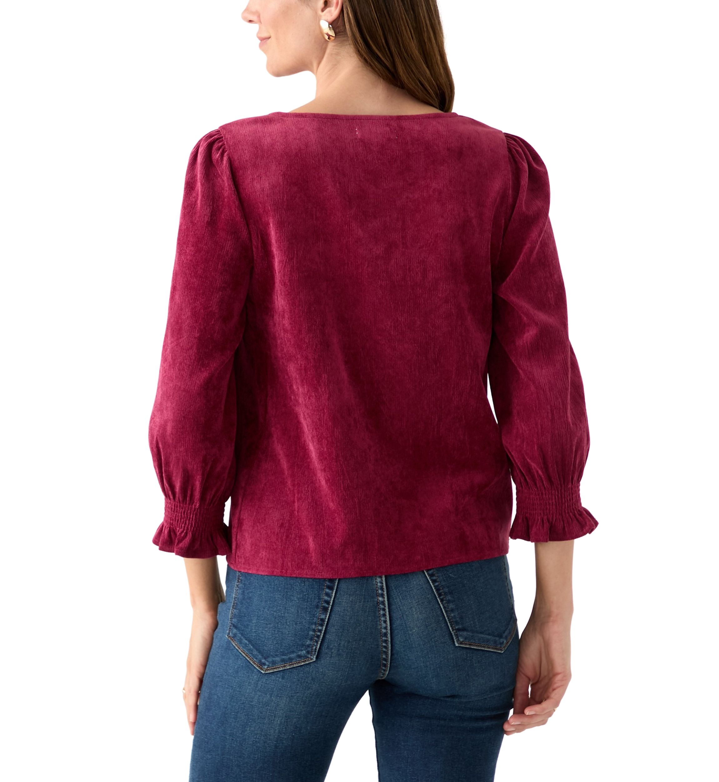 Petite Smocked Sleeve Woven Corduroy Shirt
