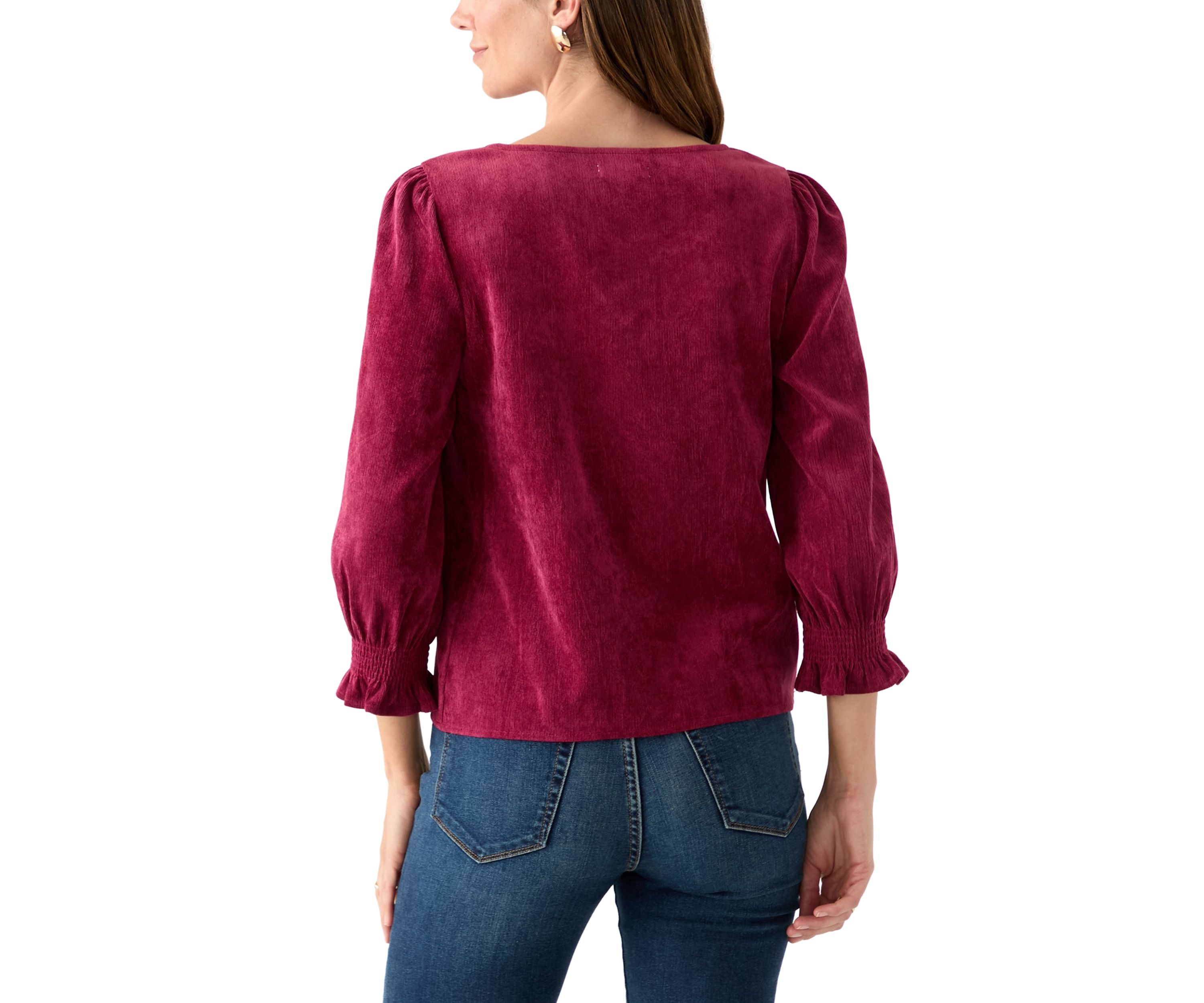 Petite Smocked Sleeve Woven Corduroy Shirt
