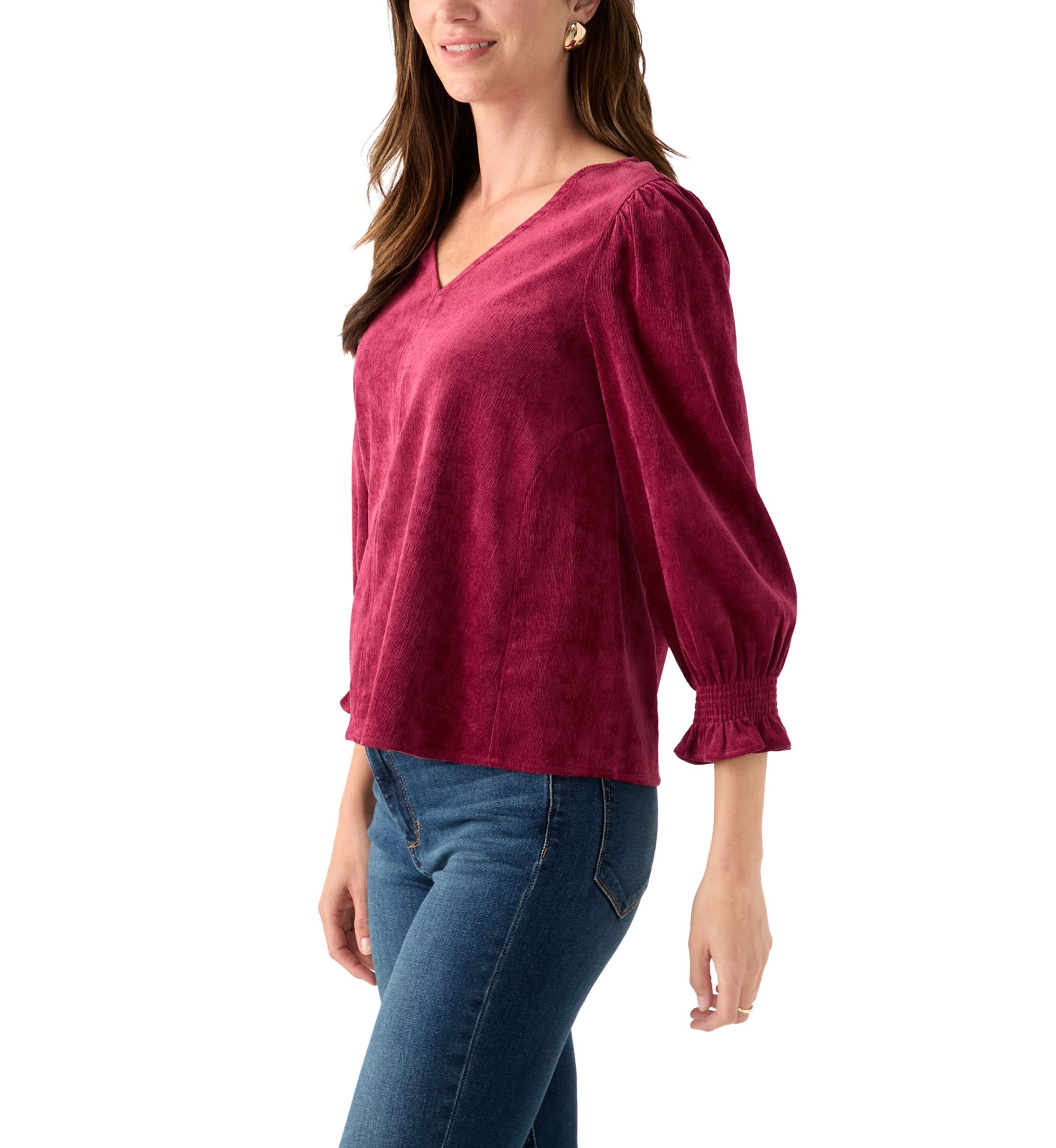 Petite Smocked Sleeve Woven Corduroy Shirt
