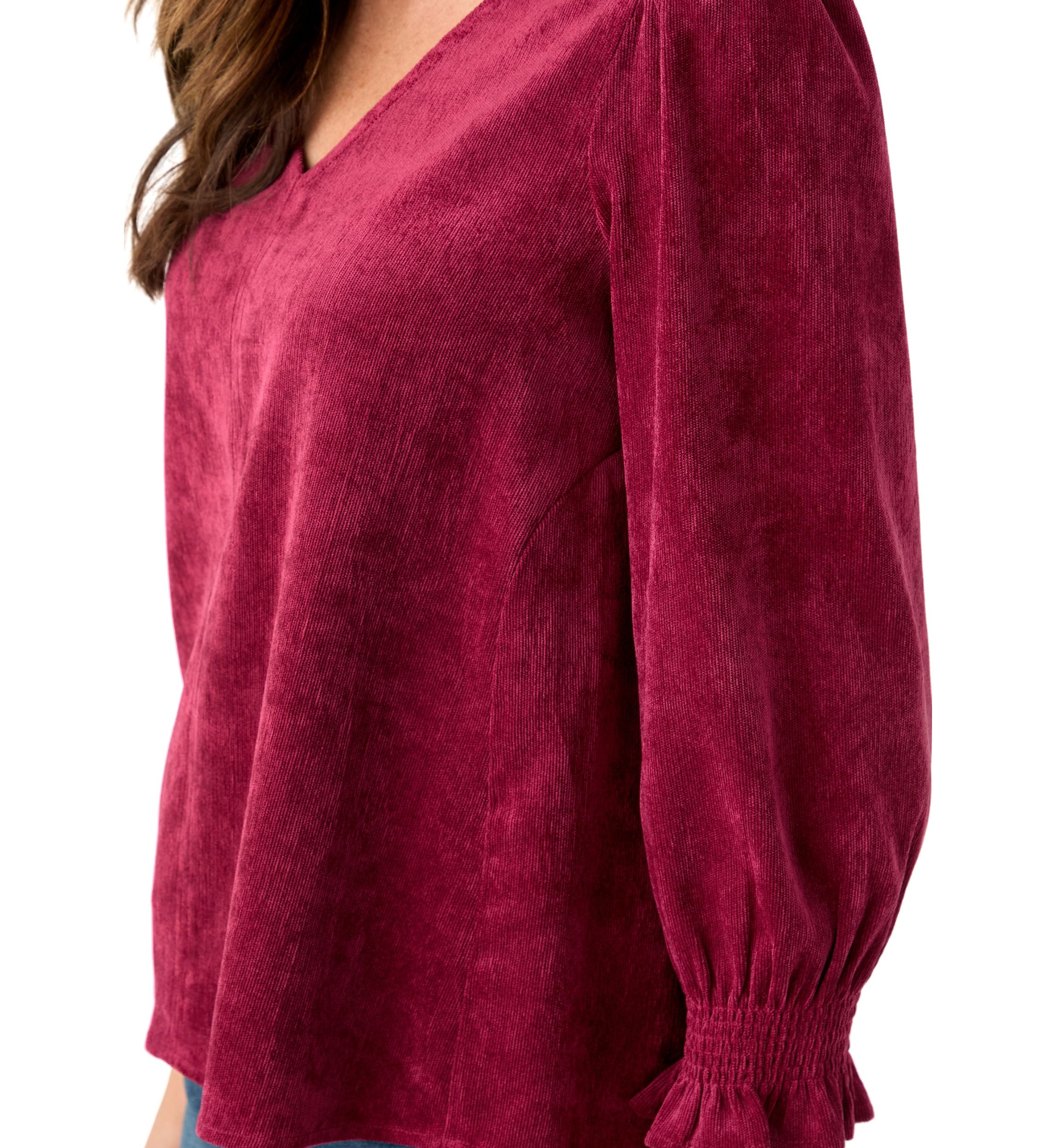 Petite Smocked Sleeve Woven Corduroy Shirt