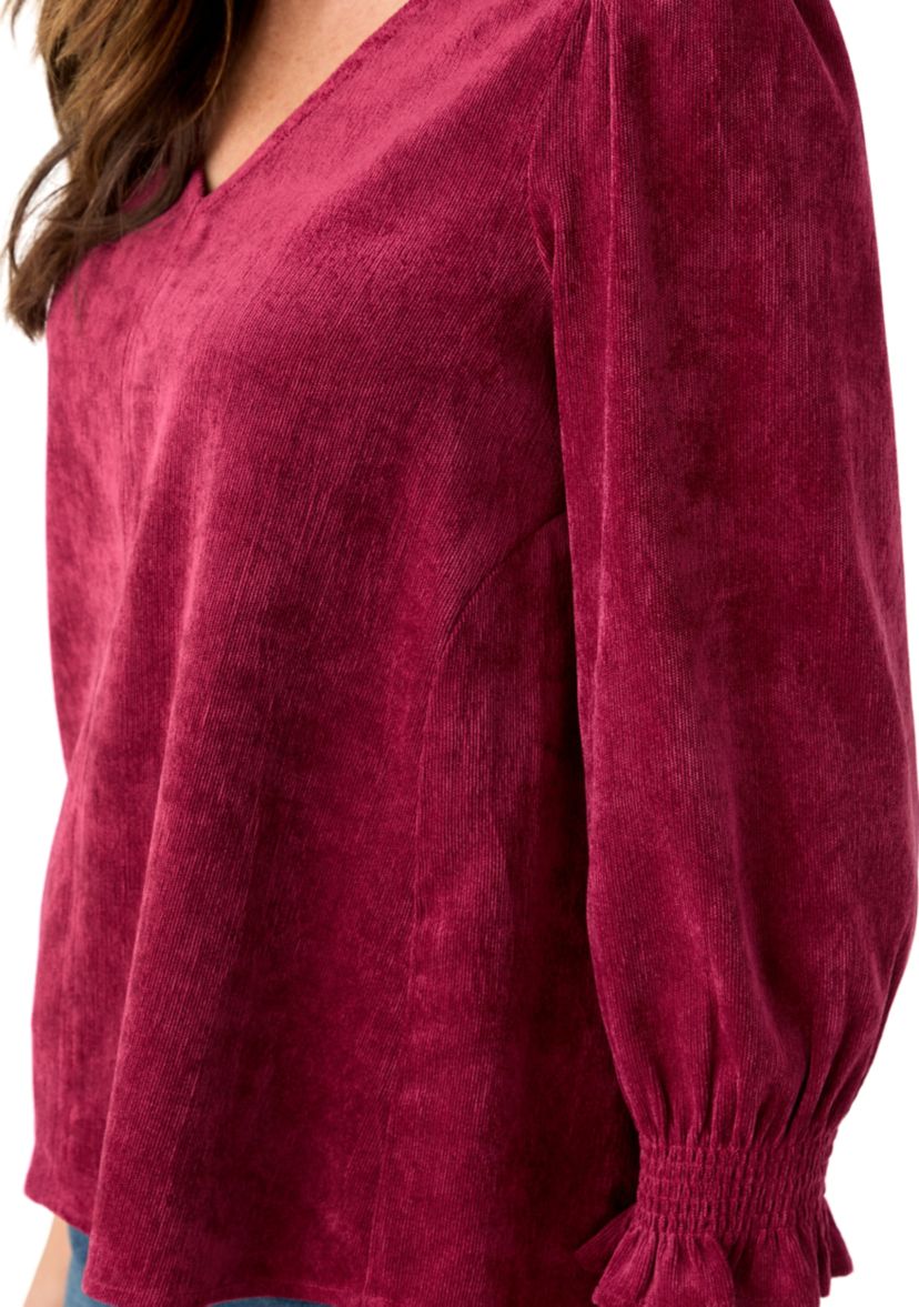 Petite Smocked Sleeve Woven Corduroy Shirt