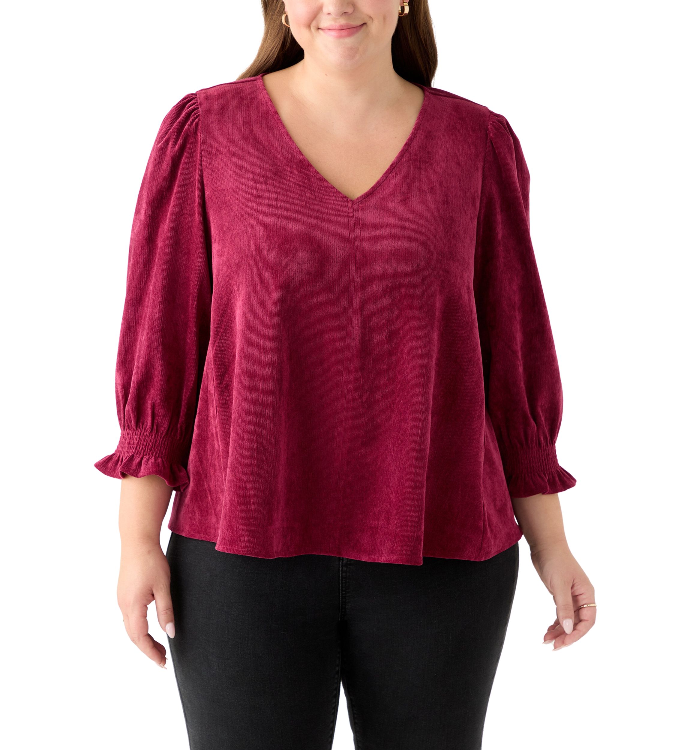 Plus Size Smock Sleeve A-Line Woven Cord Top