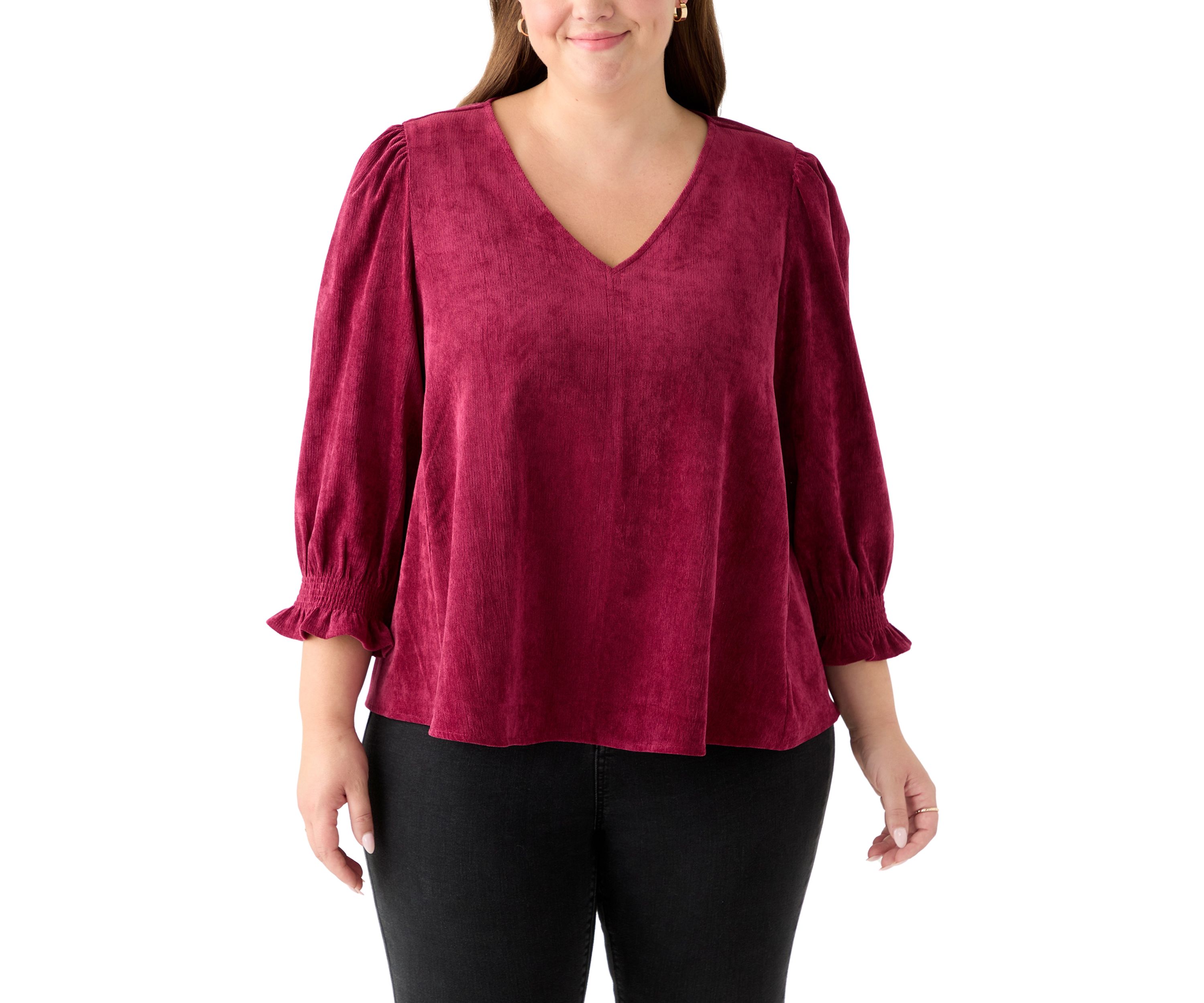 Plus Size Smock Sleeve A-Line Woven Cord Top