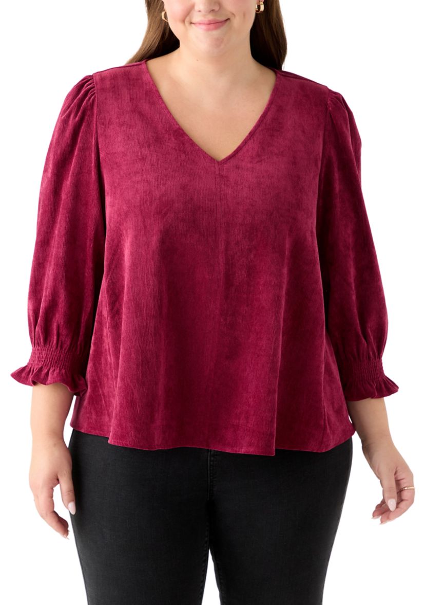 Plus Size Smock Sleeve A-Line Woven Cord Top
