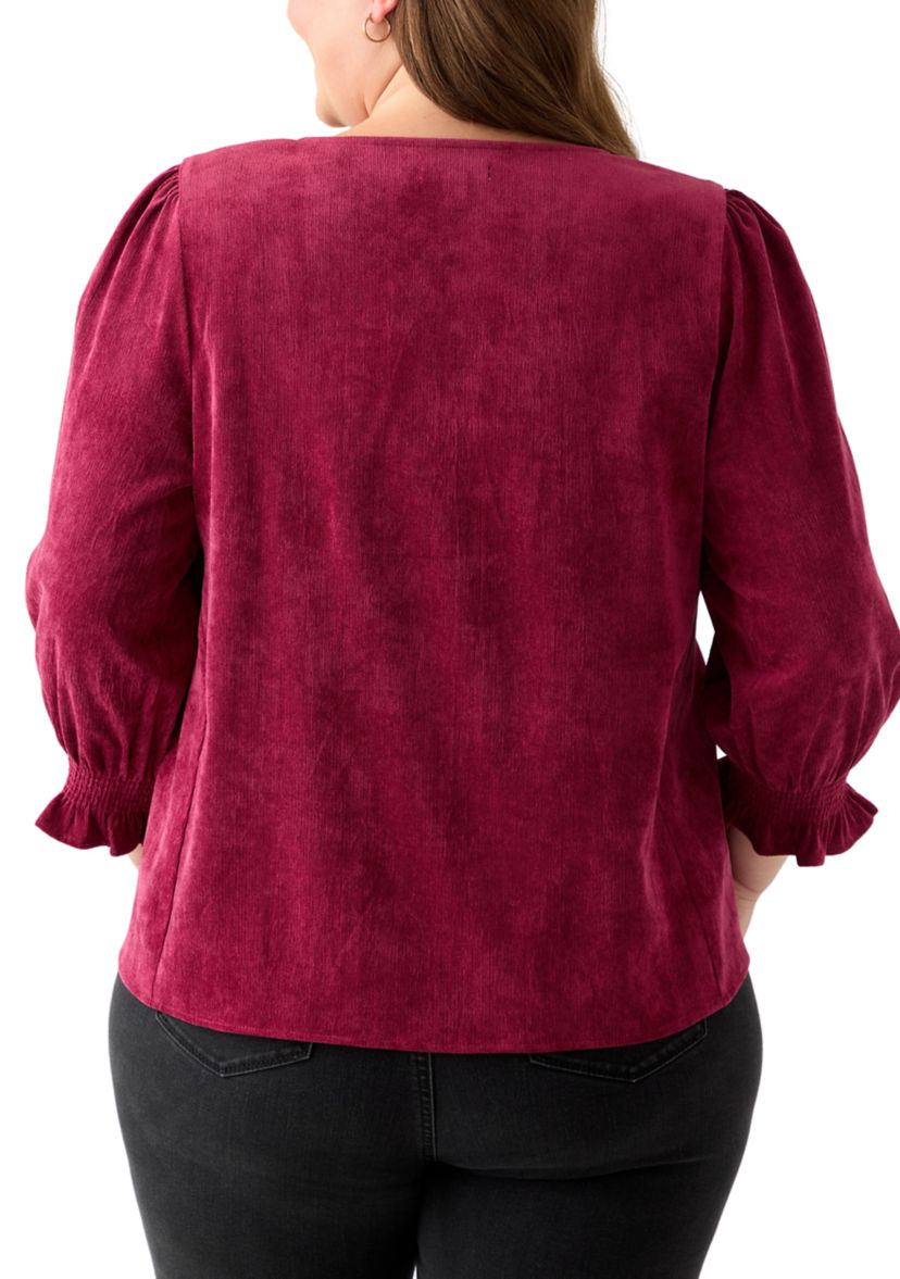 Plus Size Smock Sleeve A-Line Woven Cord Top