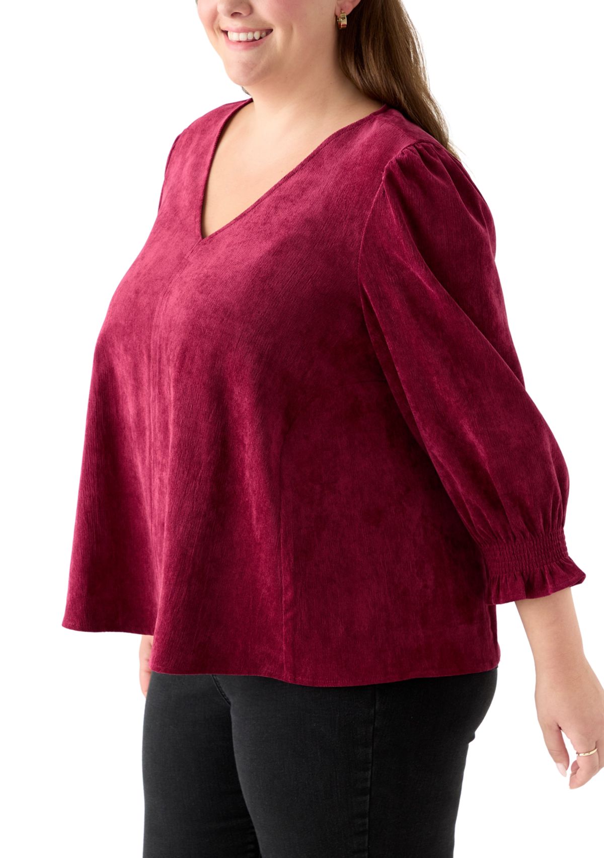 Plus Size Smock Sleeve A-Line Woven Cord Top