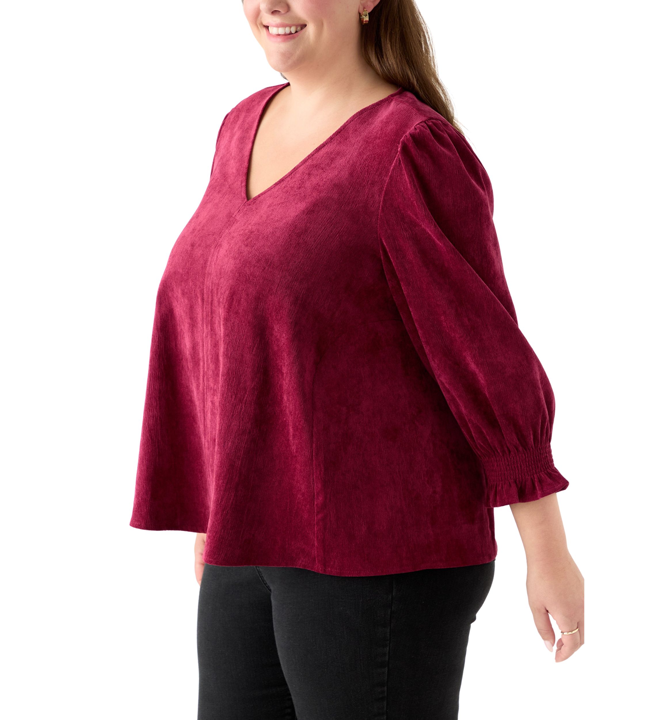 Plus Size Smock Sleeve A-Line Woven Cord Top
