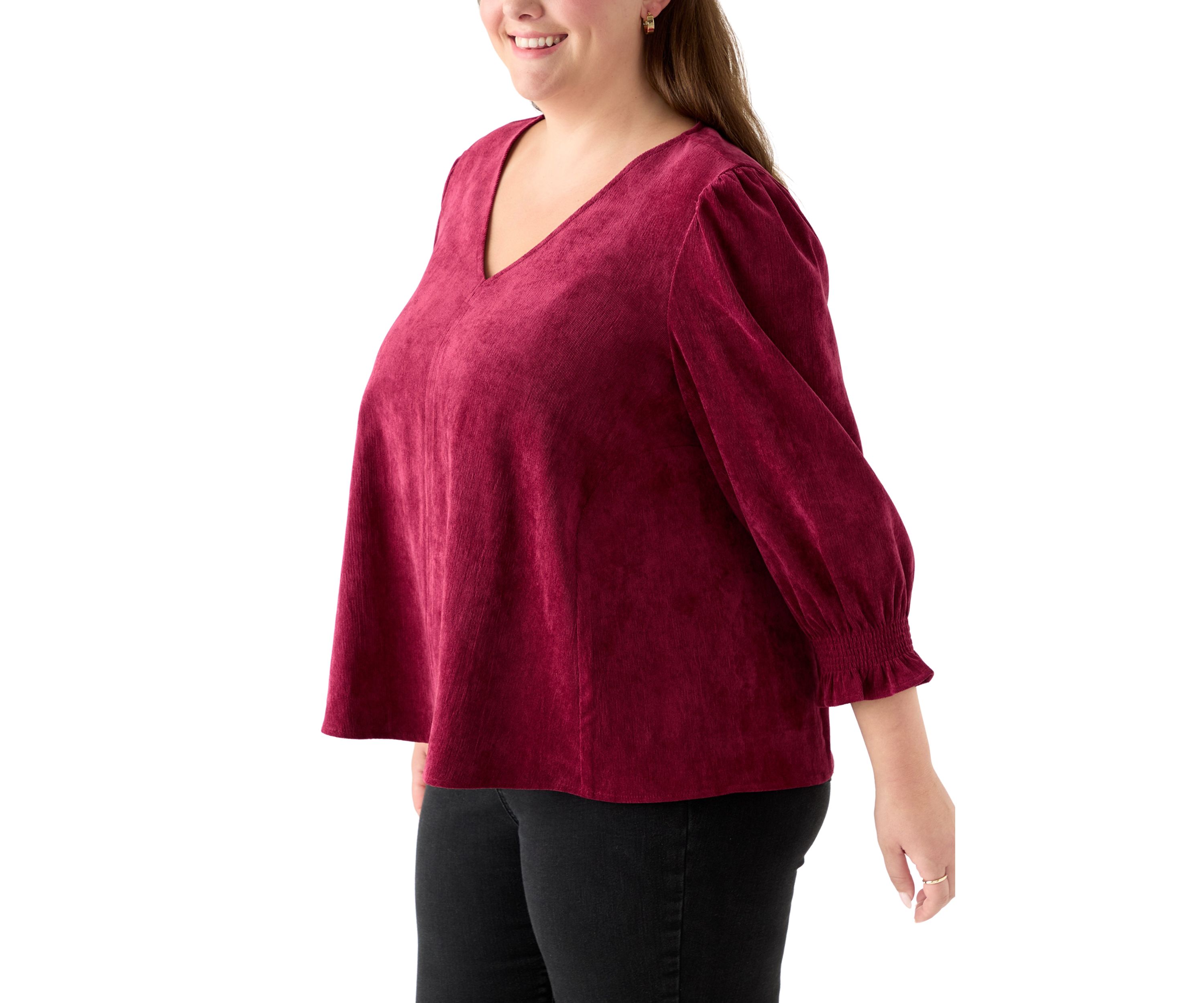Plus Size Smock Sleeve A-Line Woven Cord Top