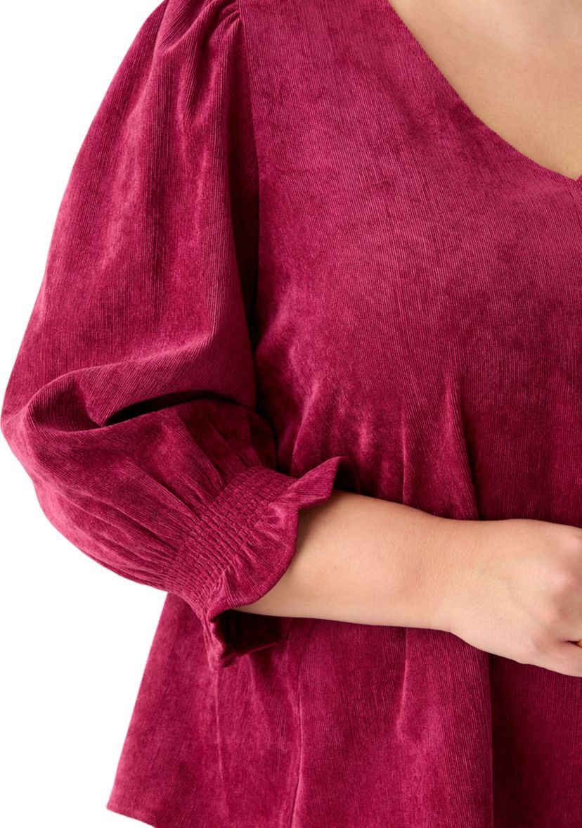 Plus Size Smock Sleeve A-Line Woven Cord Top