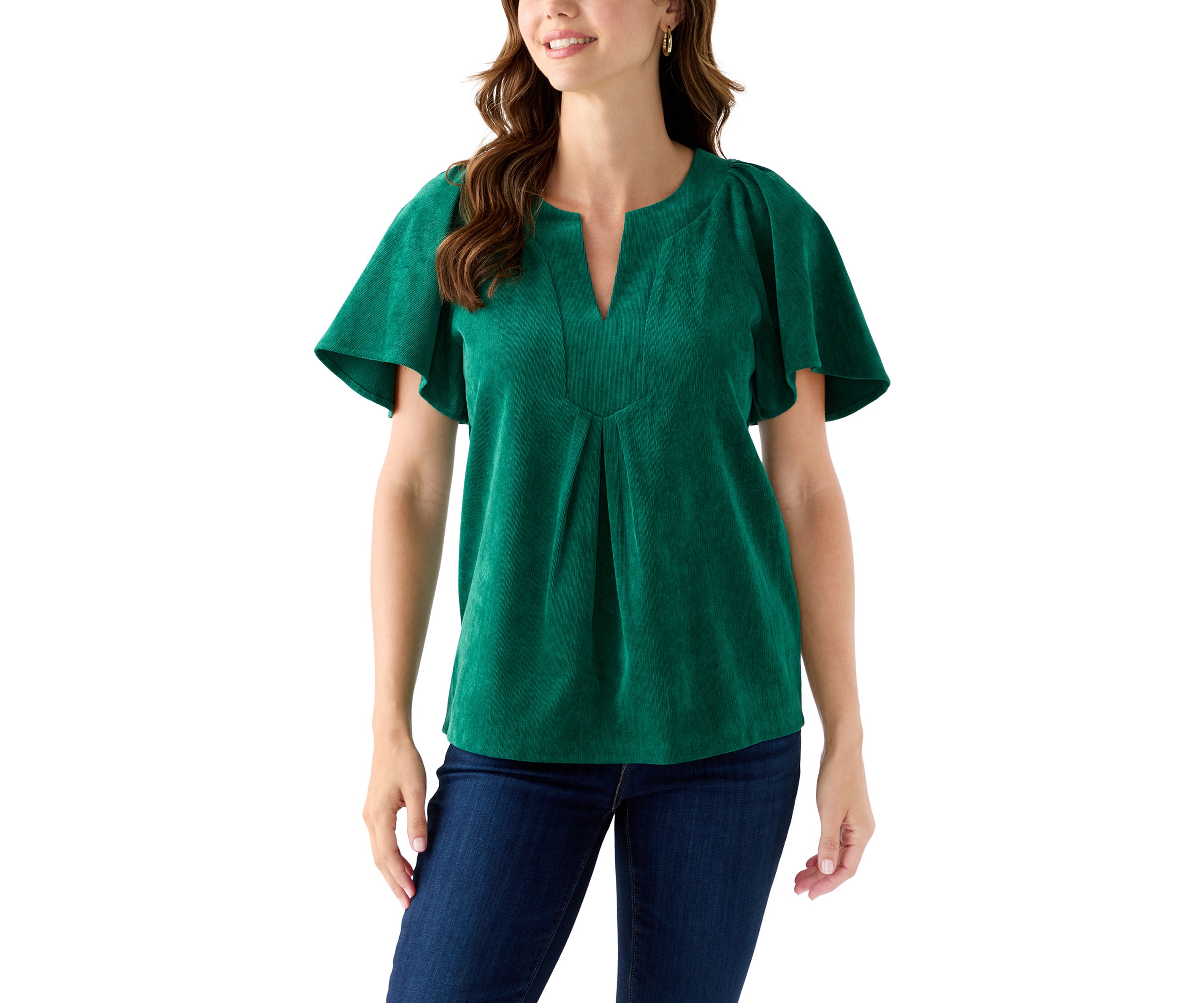 Womens V-Neck Flutter Sleeve Corduroy Top