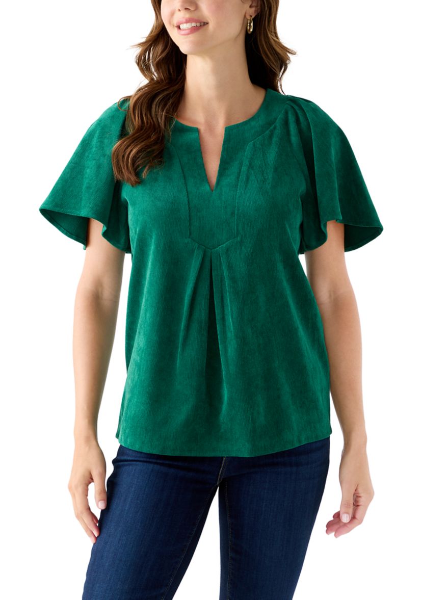 Womens V-Neck Flutter Sleeve Corduroy Top