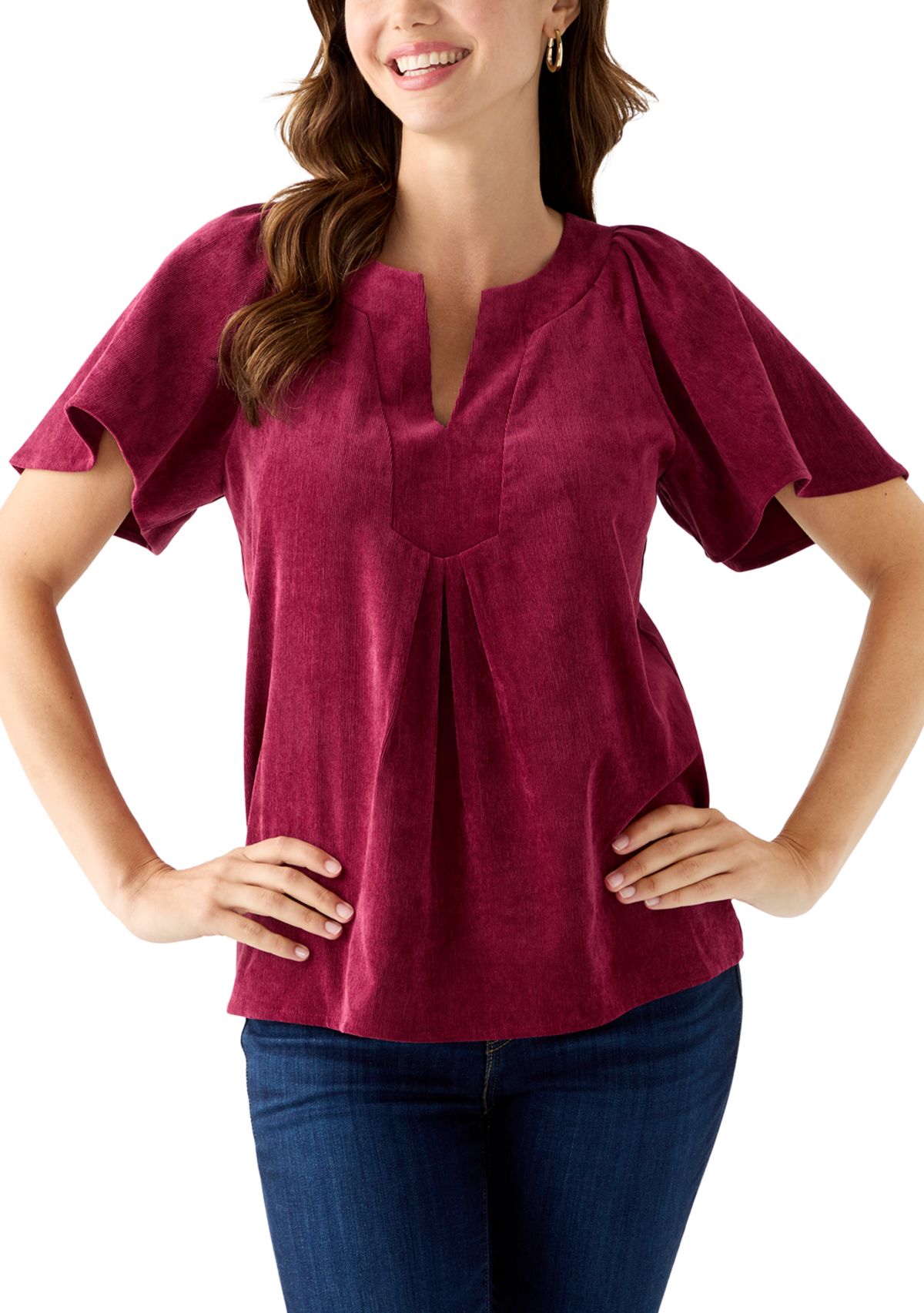 Womens V-Neck Flutter Sleeve Corduroy Top