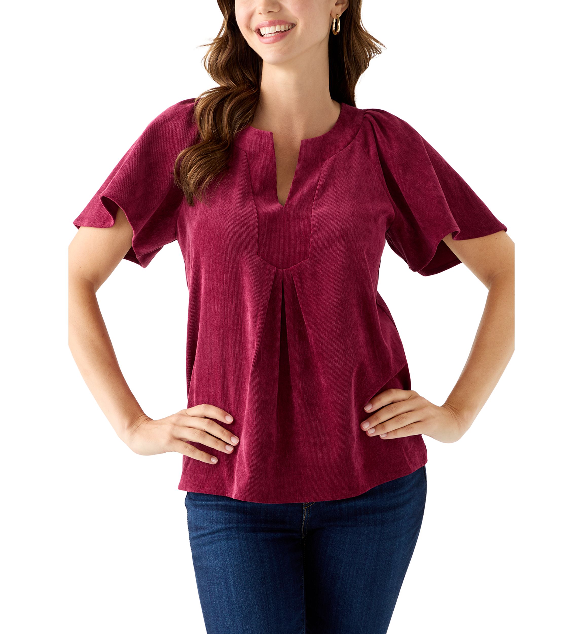 Womens V-Neck Flutter Sleeve Corduroy Top