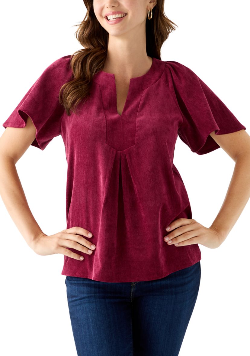 Womens V-Neck Flutter Sleeve Corduroy Top