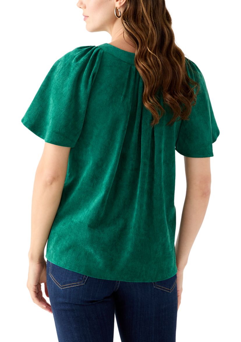 Womens V-Neck Flutter Sleeve Corduroy Top