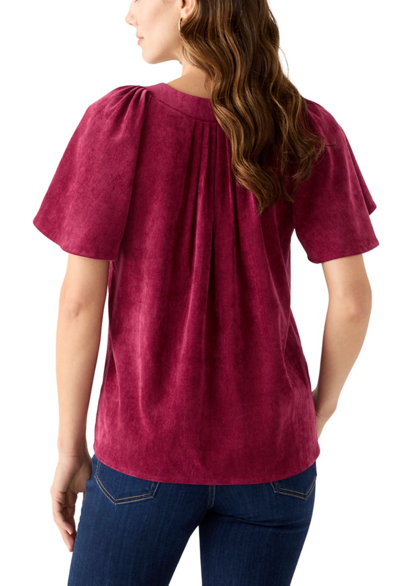 Womens V-Neck Flutter Sleeve Corduroy Top