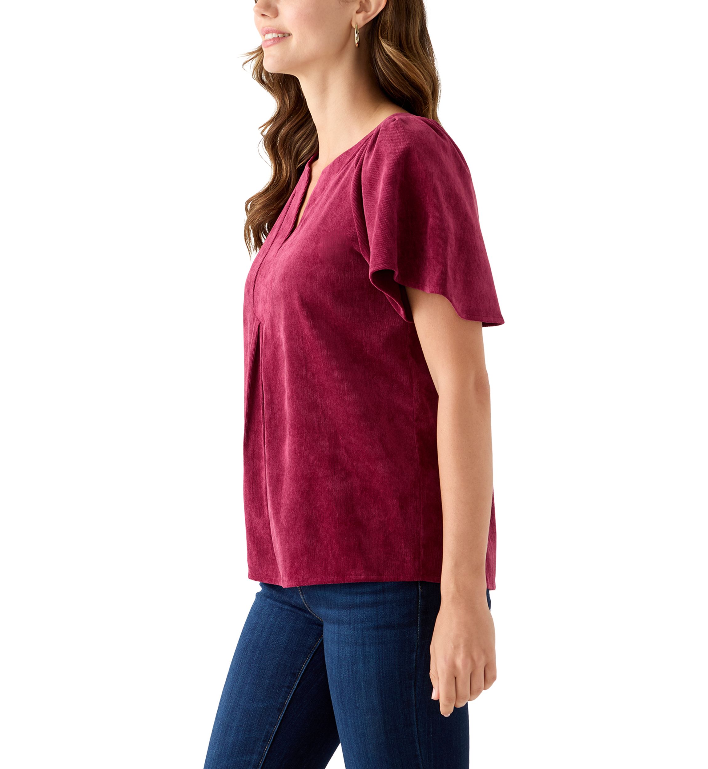 Womens V-Neck Flutter Sleeve Corduroy Top