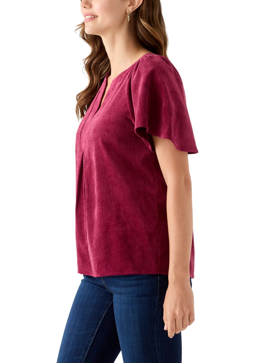 Womens V-Neck Flutter Sleeve Corduroy Top