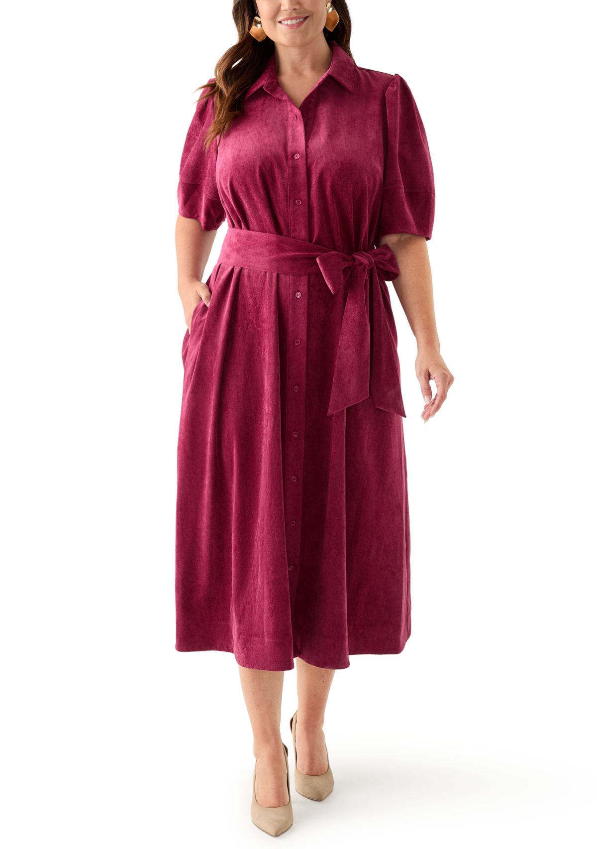 Plus Size Puff Sleeve Corduroy Maxi Dress