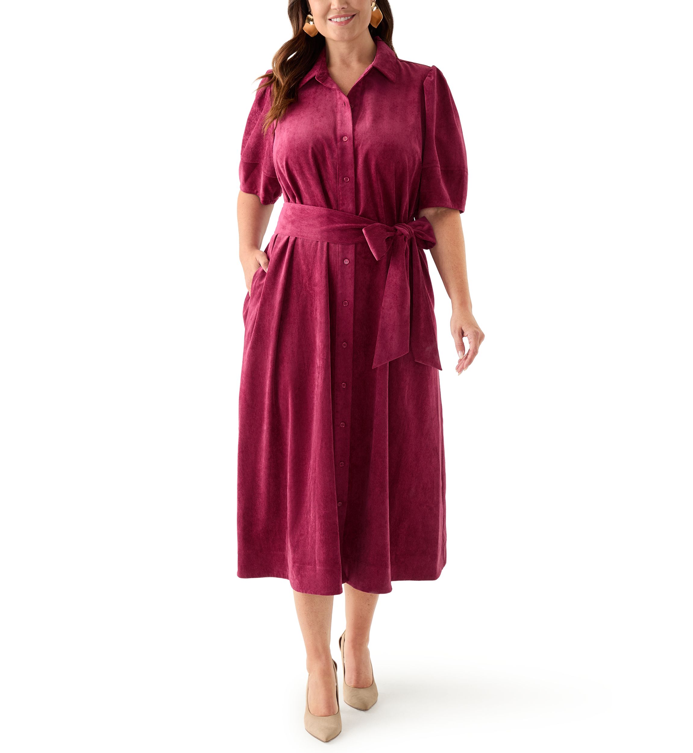 Plus Size Puff Sleeve Corduroy Maxi Dress