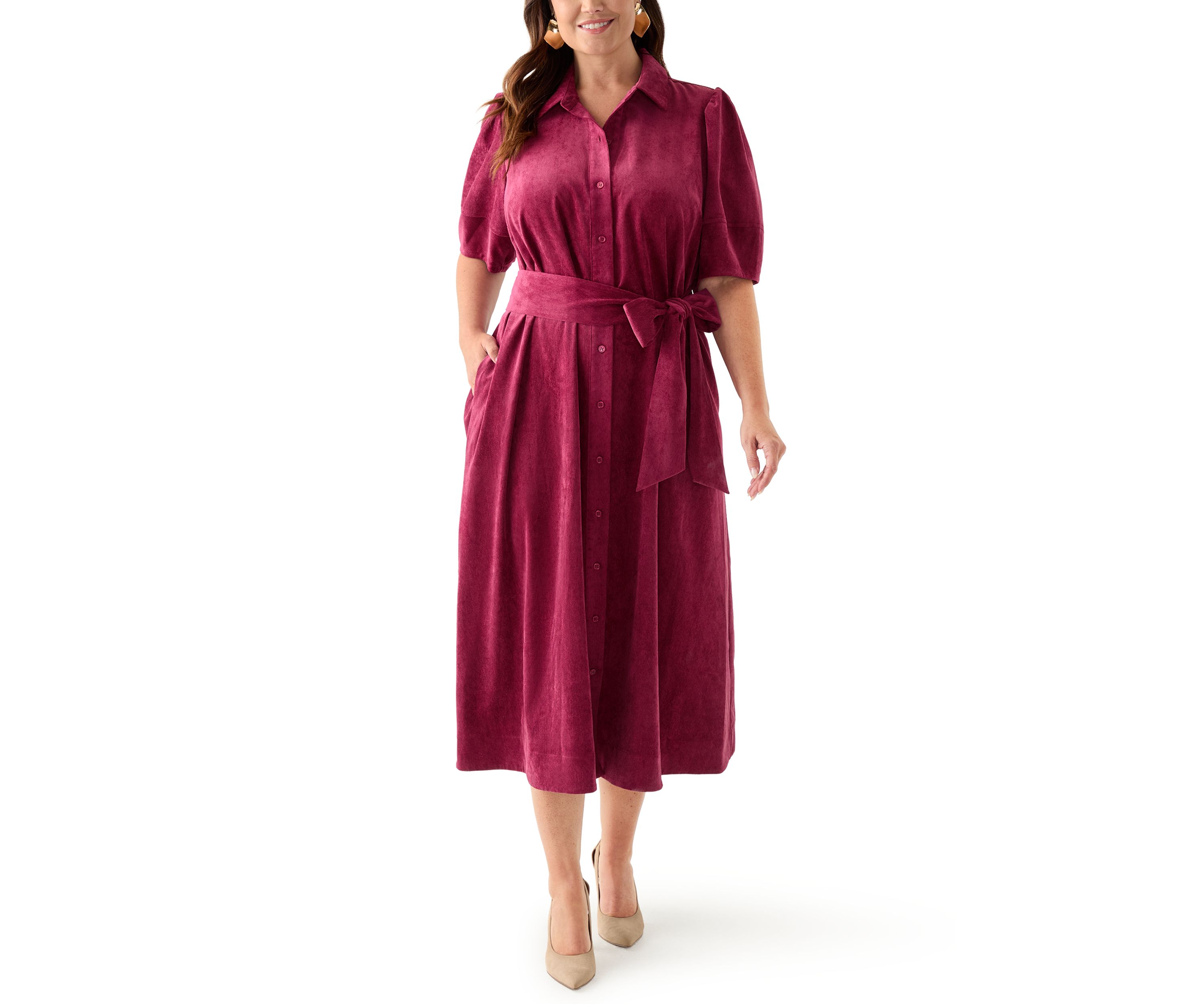 Plus Size Puff Sleeve Corduroy Maxi Dress