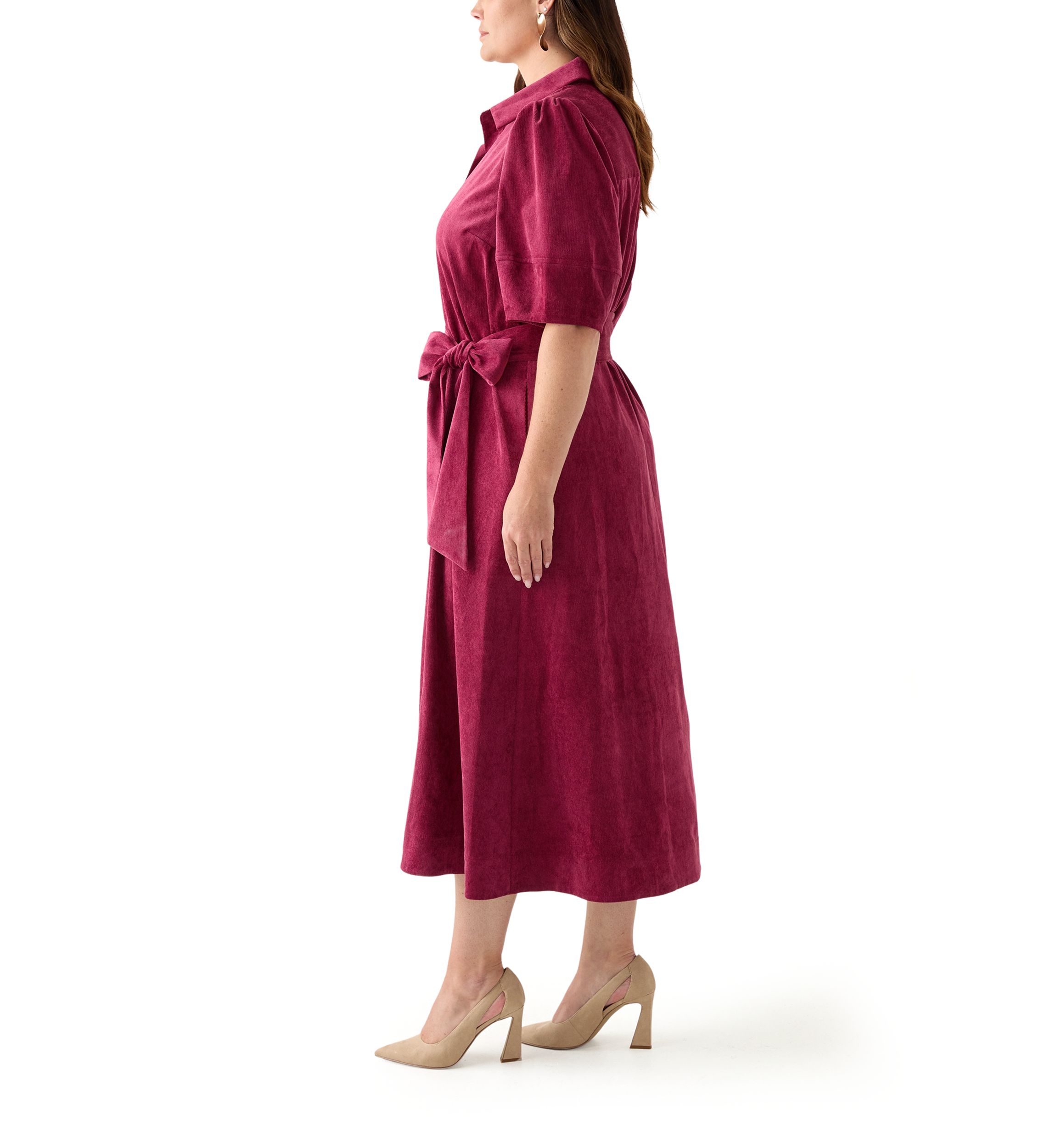 Plus Size Puff Sleeve Corduroy Maxi Dress