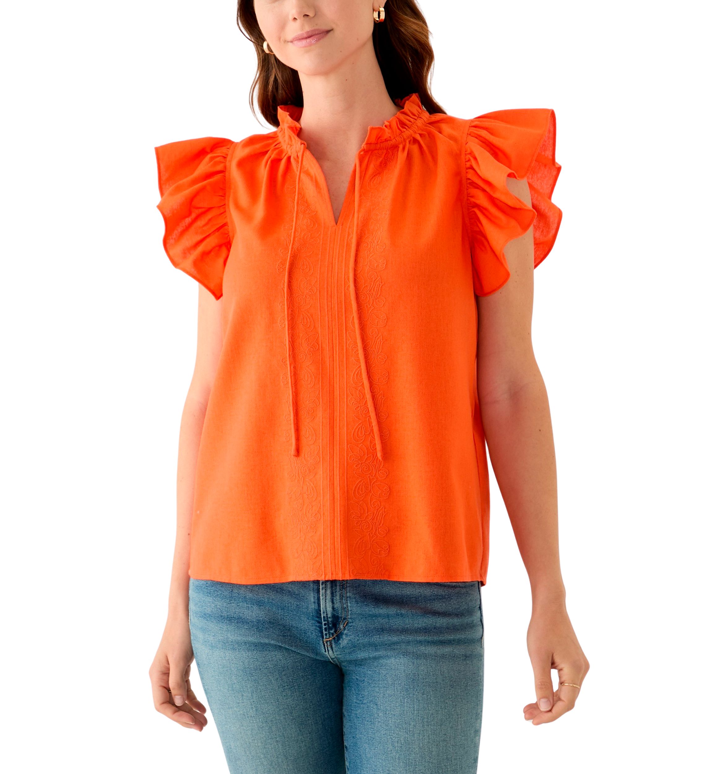 Womens Split Neck Ruffle Sleeve Top