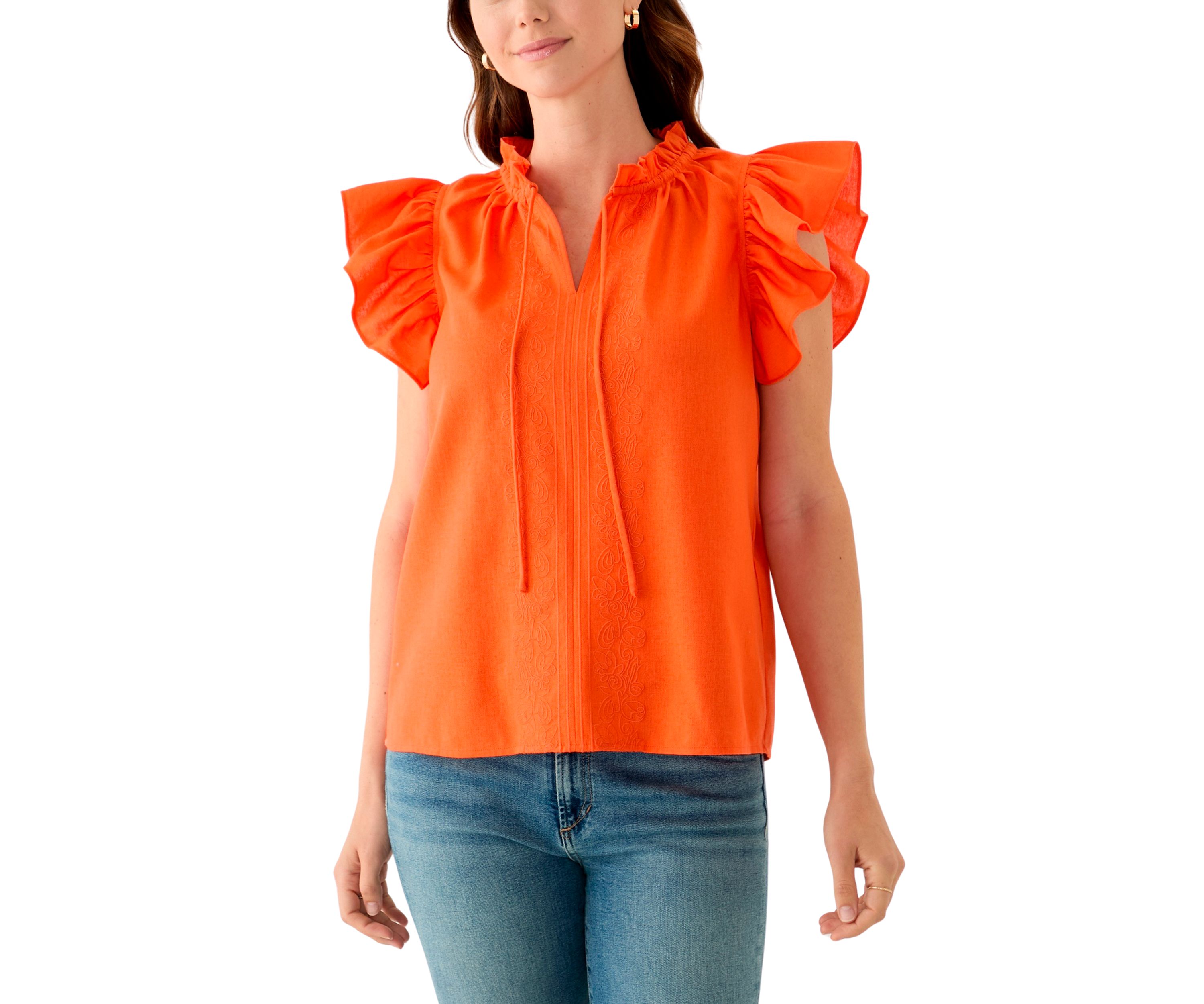 Womens Split Neck Ruffle Sleeve Top