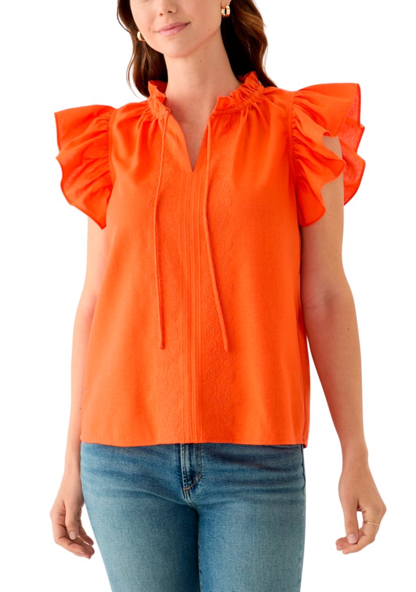 Womens Split Neck Ruffle Sleeve Top