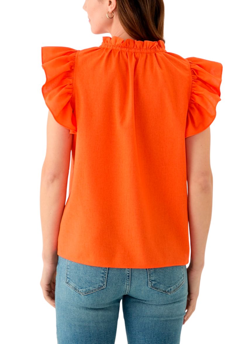 Womens Split Neck Ruffle Sleeve Top