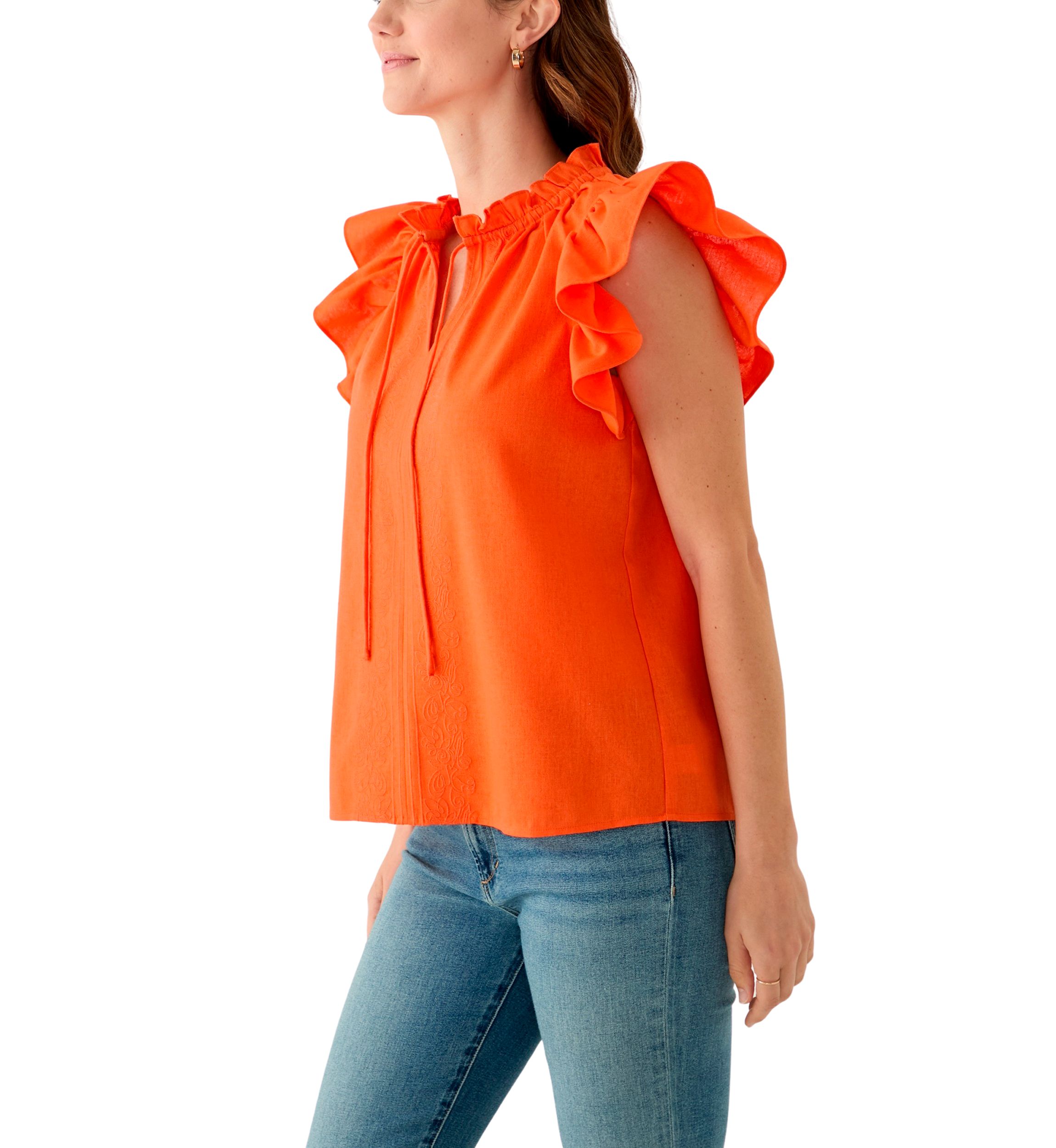 Womens Split Neck Ruffle Sleeve Top