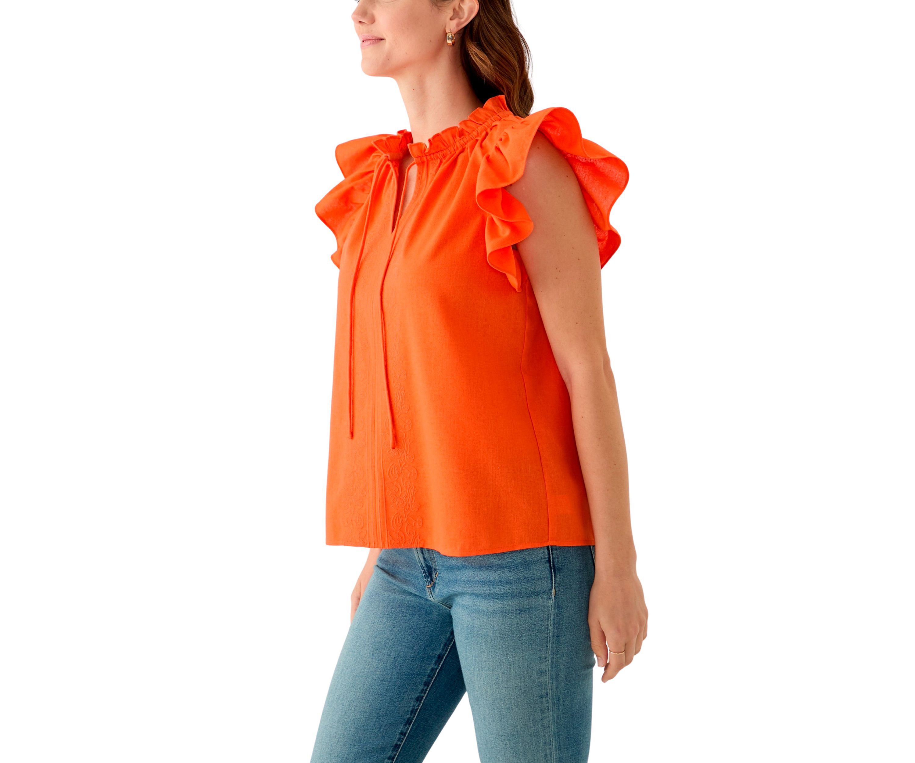 Womens Split Neck Ruffle Sleeve Top