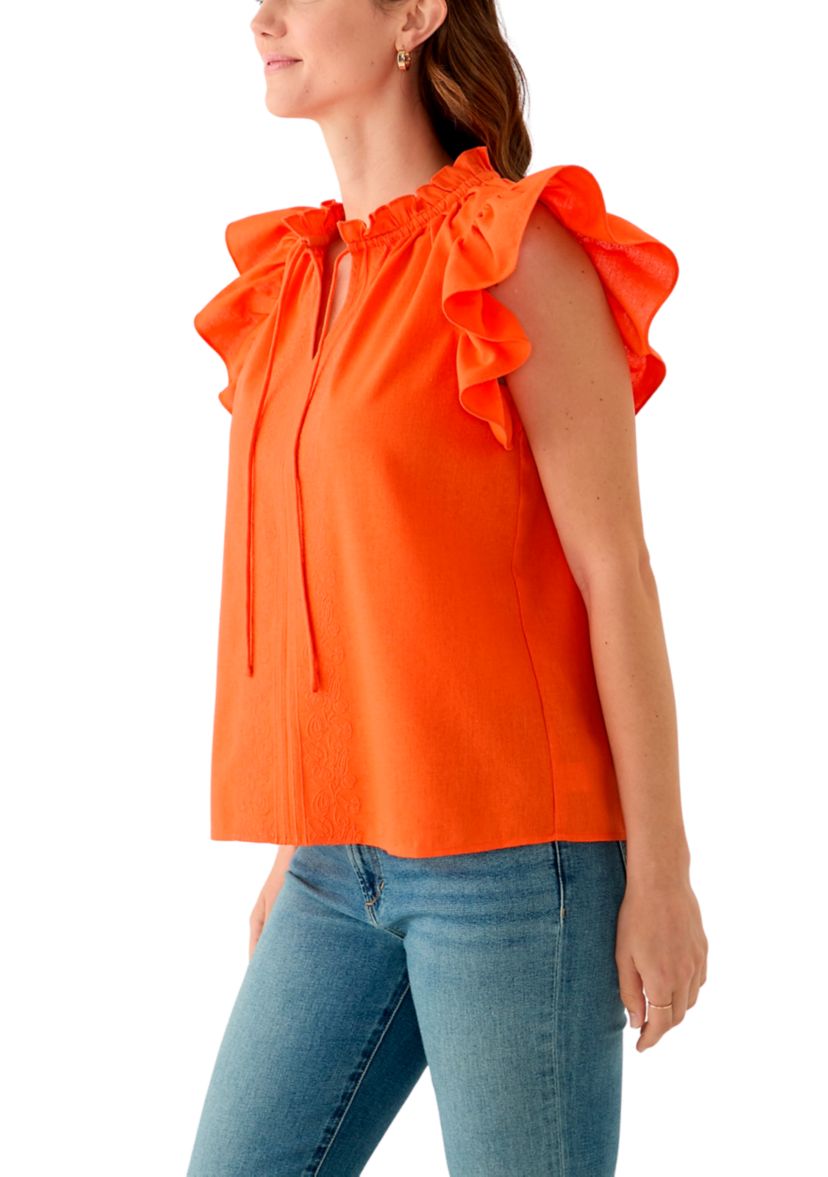 Womens Split Neck Ruffle Sleeve Top