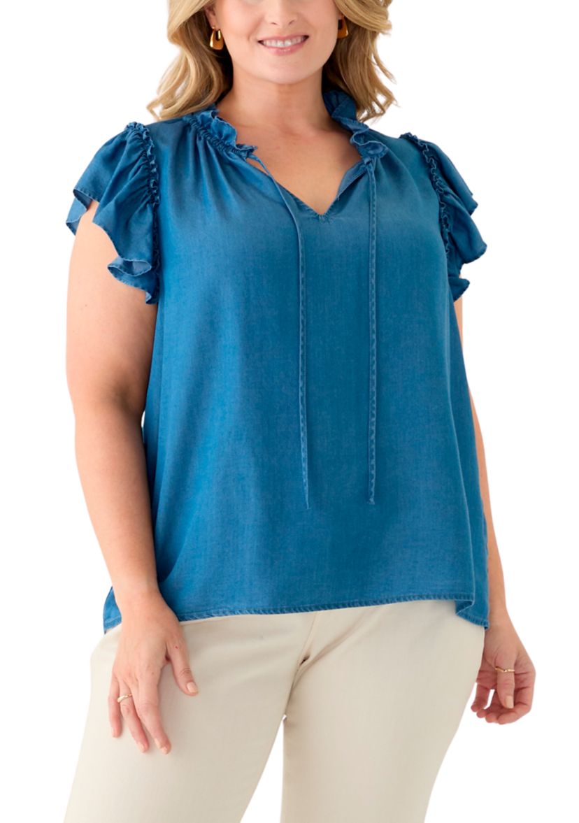 Plus Size Split Neck Ruffle Sleeve Top