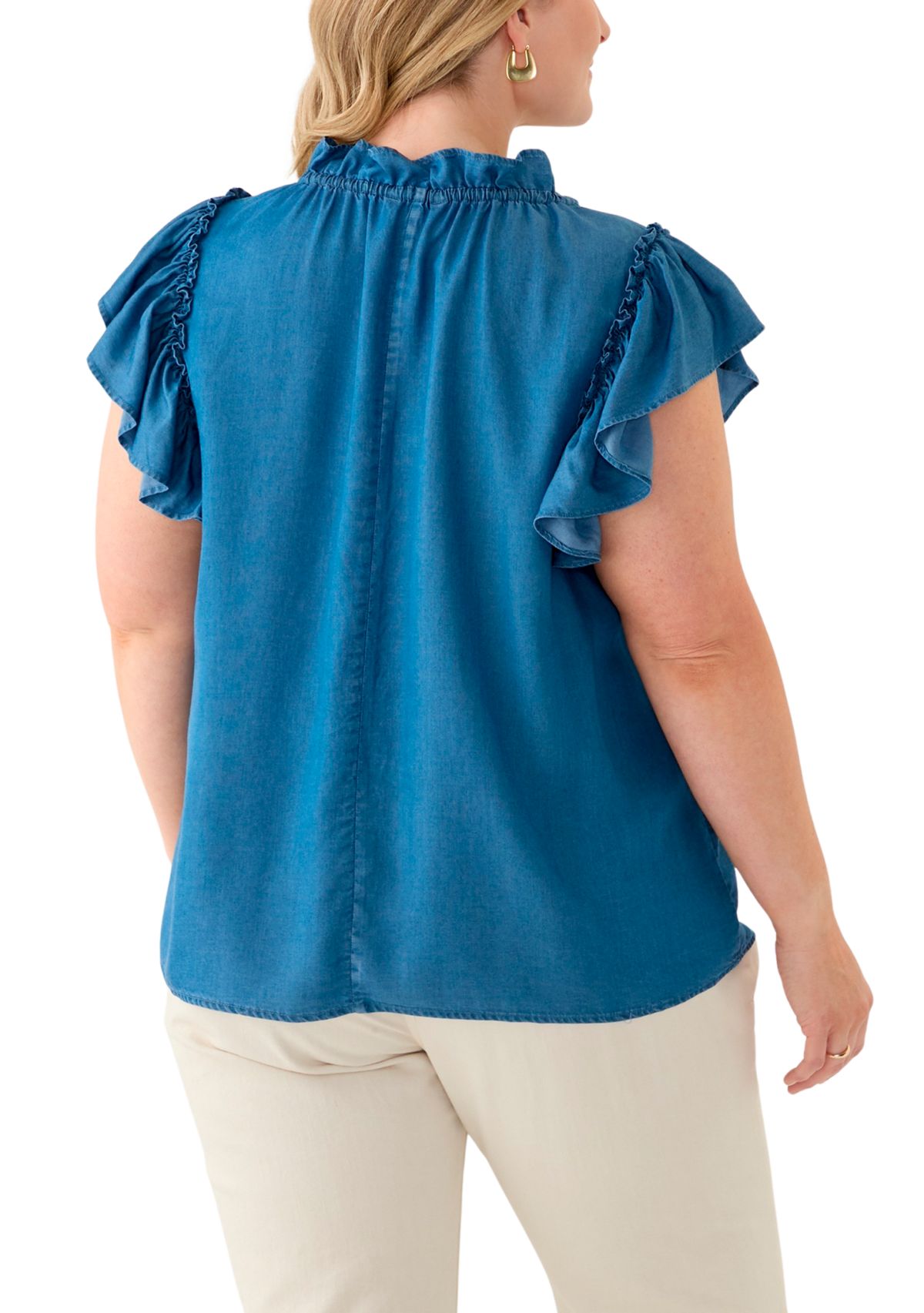 Plus Size Split Neck Ruffle Sleeve Top