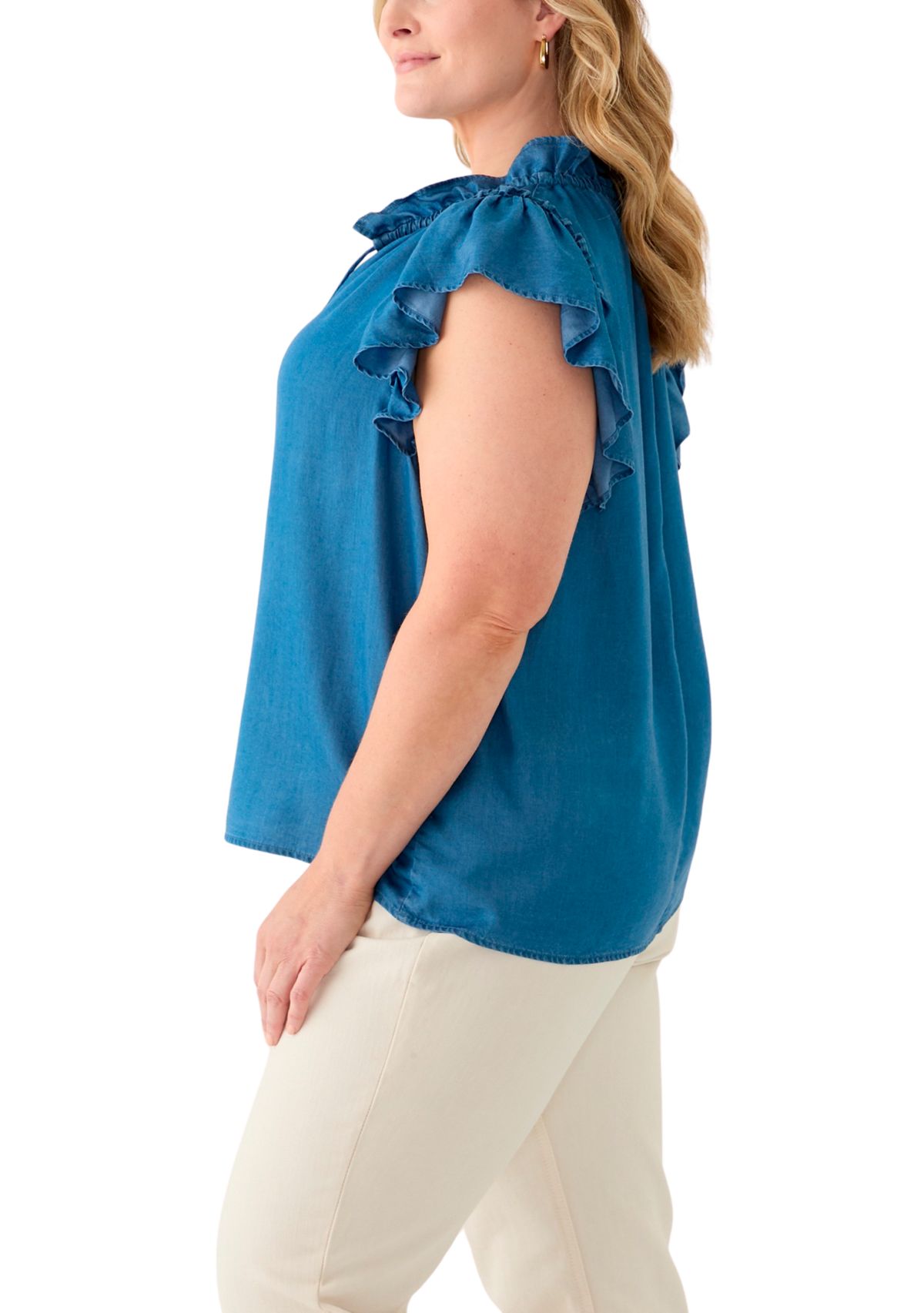 Plus Size Split Neck Ruffle Sleeve Top